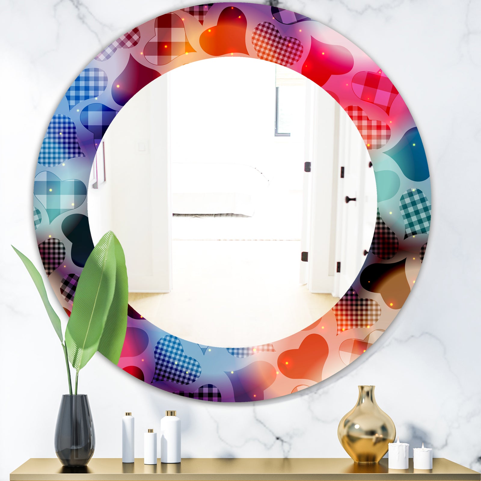 Floating Hearts With Squared Pattern - Modern Mirror - Oval or Round Wall Mirror