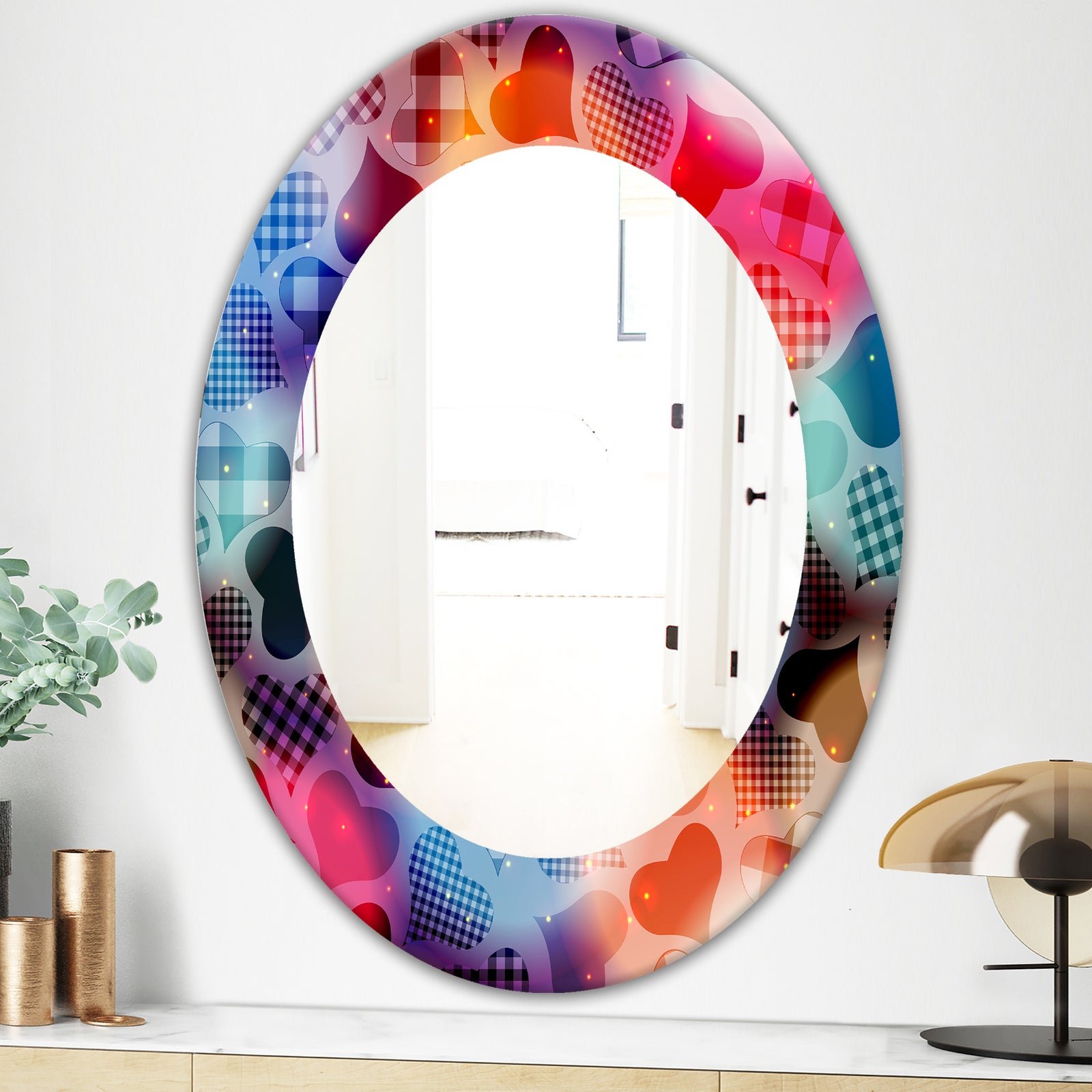Floating Hearts With Squared Pattern - Modern Mirror - Oval or Round Wall Mirror