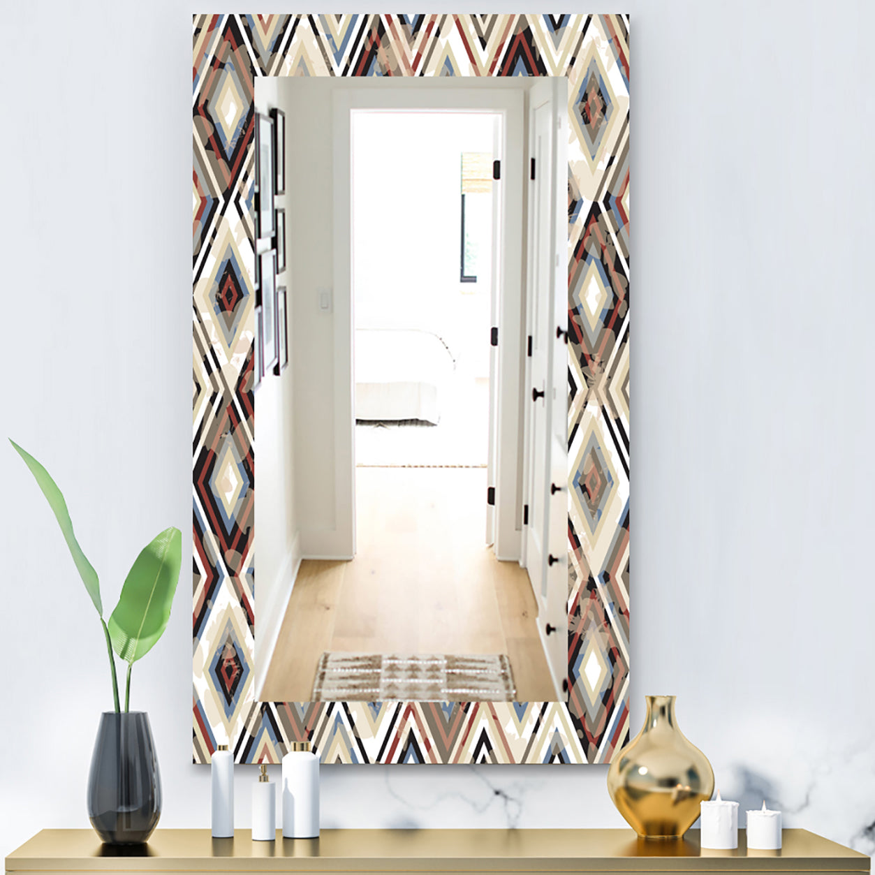 Vintage Diamond Pattern In Blue and Brown - Bohemian and Eclectic Mirror - Modern Wall Mirror