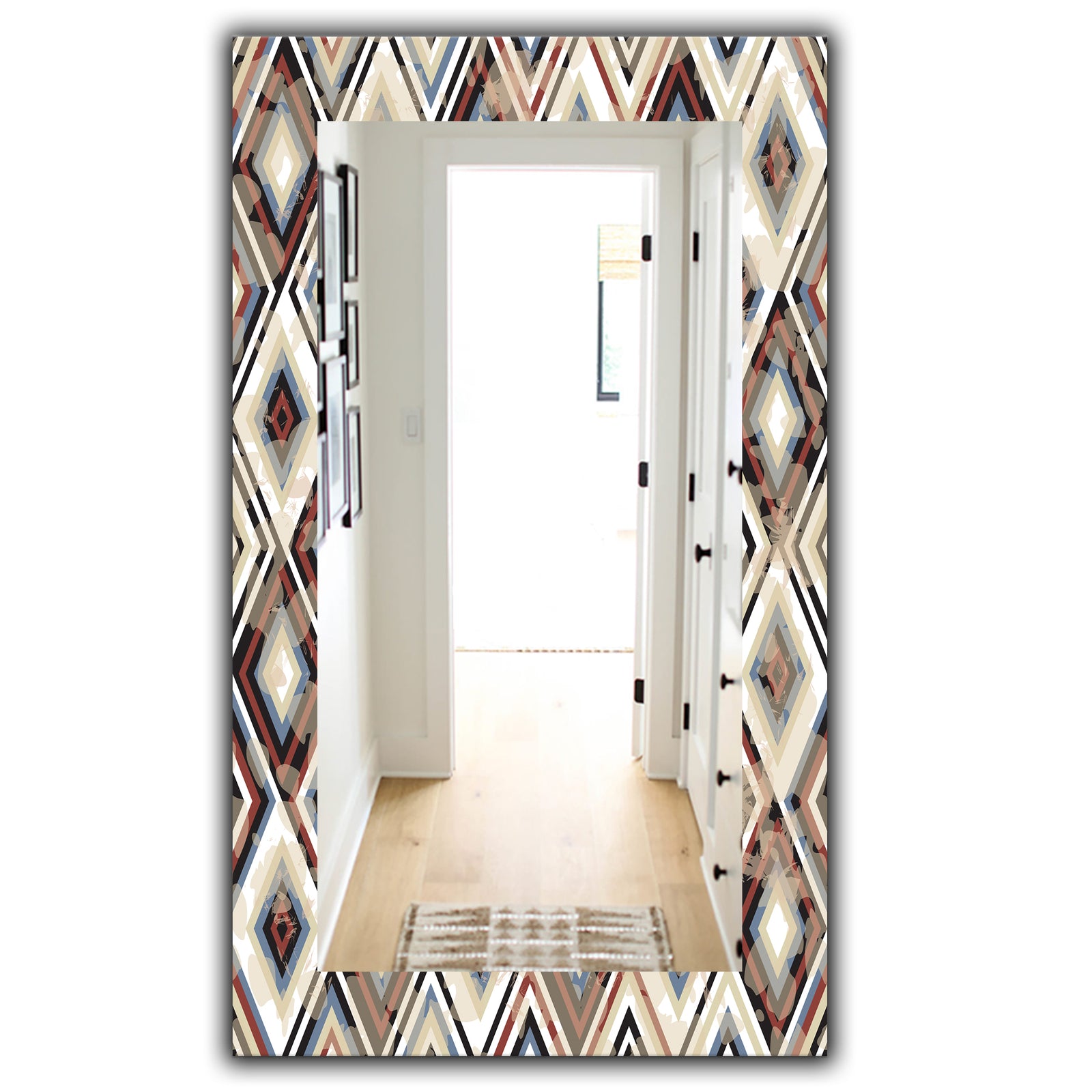 Vintage Diamond Pattern In Blue and Brown - Bohemian and Eclectic Mirror - Modern Wall Mirror