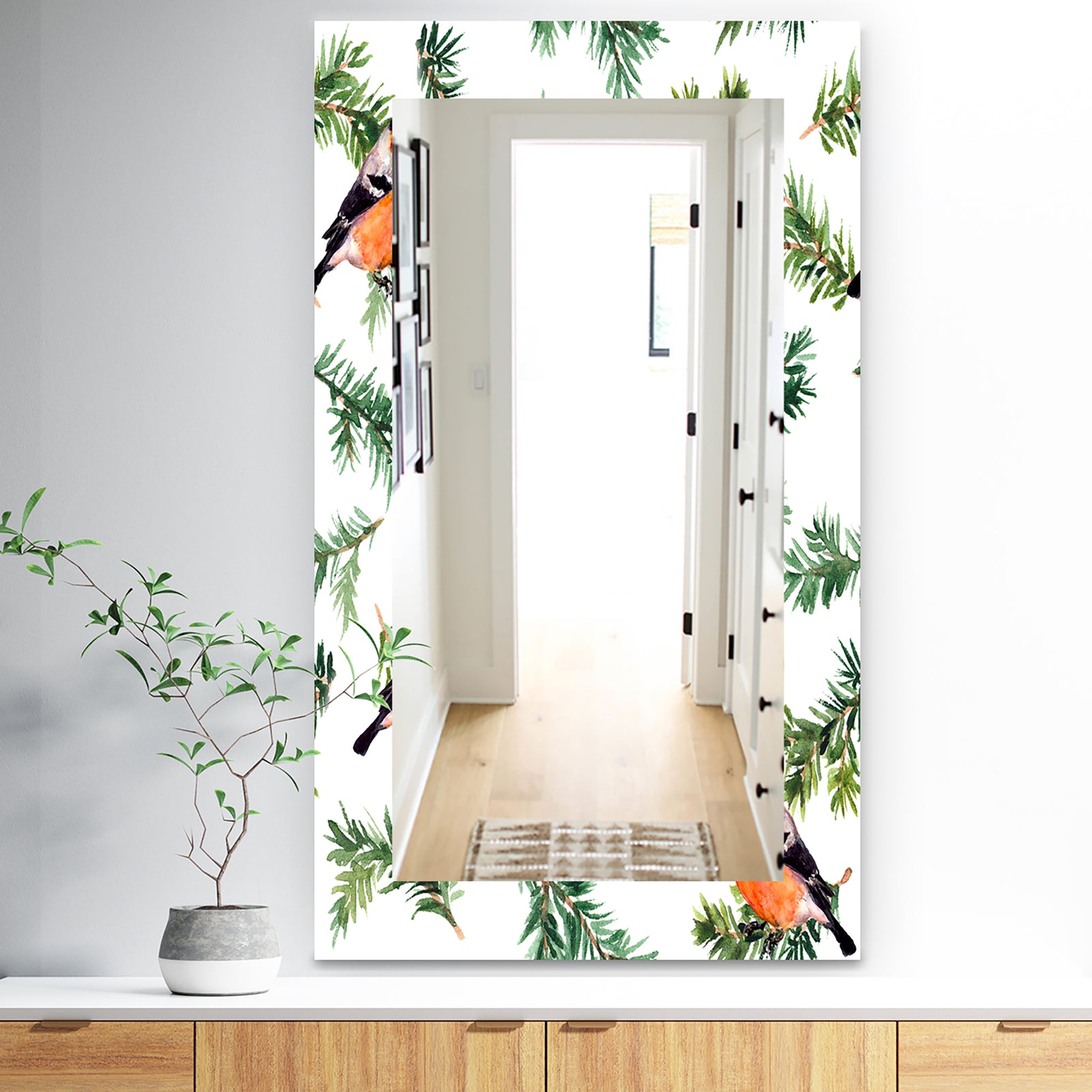 Robin Birds On Pine Branch - Traditional Mirror - Wall Mirror
