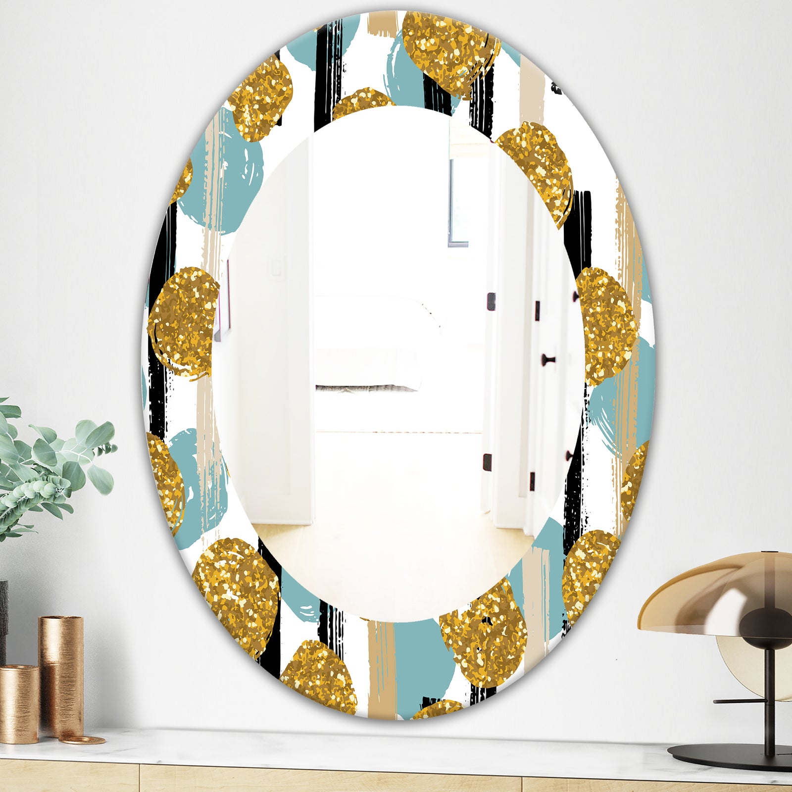 Hand Drawn Blue and Golden Glitter Circles - Modern Mirror - Oval or Round Wall Mirror