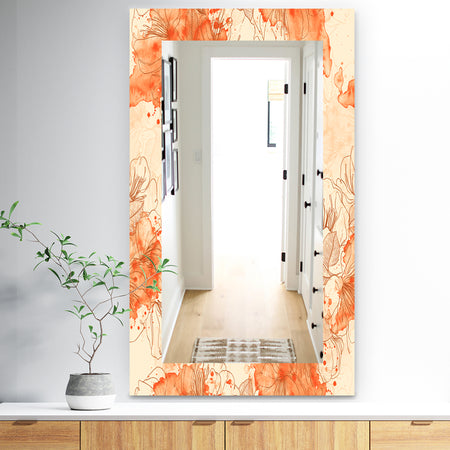 Handdrawn Asian Flowers With Orange Watercolor - Traditional Mirror - Wall Mirror