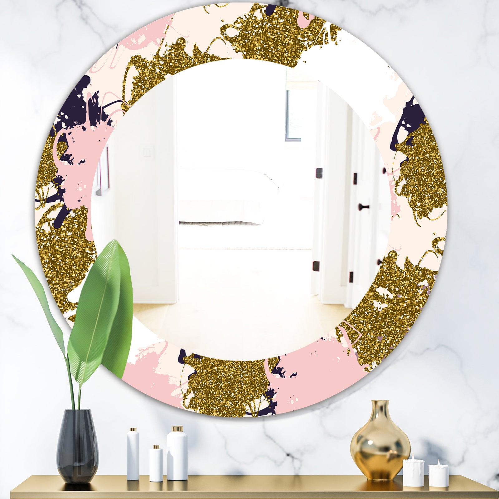 Pink Spheres 11 - Modern Mirror - Frameless Oval or Round Wall Mirror