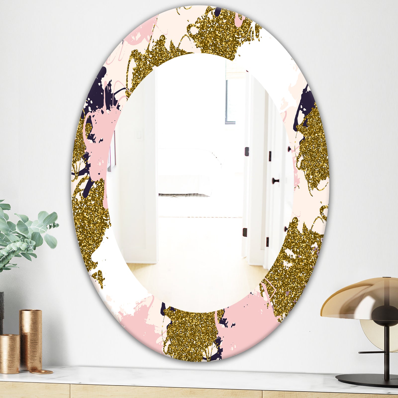 Pink Spheres 11 - Modern Mirror - Frameless Oval or Round Wall Mirror