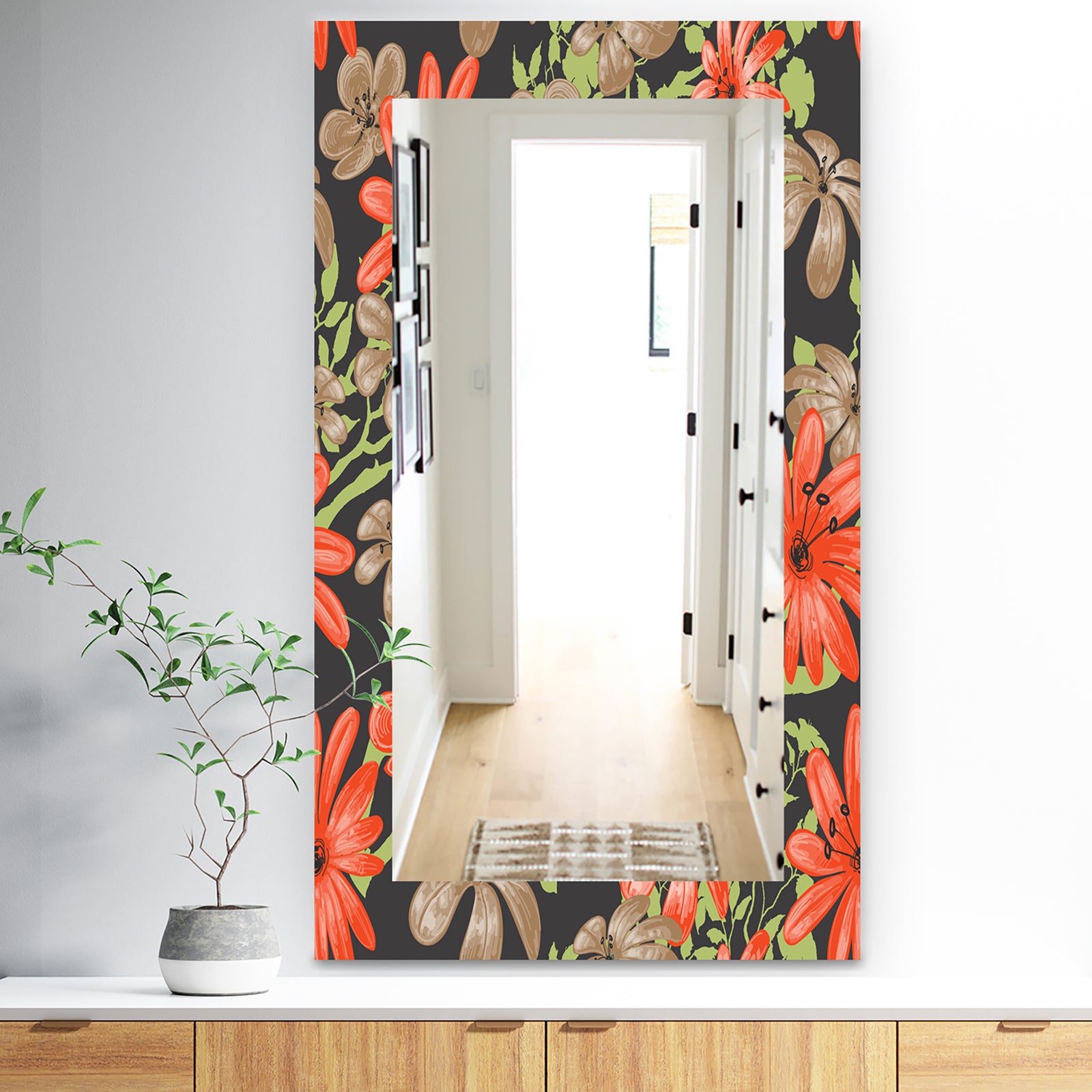 Red and Brown Flowers With Of Green Branches - Traditional Mirror - Frameless Wall Mirror