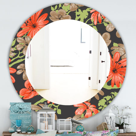Red and Brown Flowers With Of Green Branches - Traditional Mirror - Frameless Oval or Round Wall Mirror