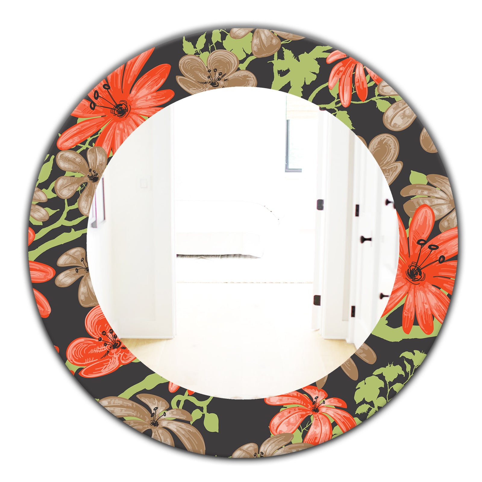 Red and Brown Flowers With Of Green Branches - Traditional Mirror - Frameless Oval or Round Wall Mirror