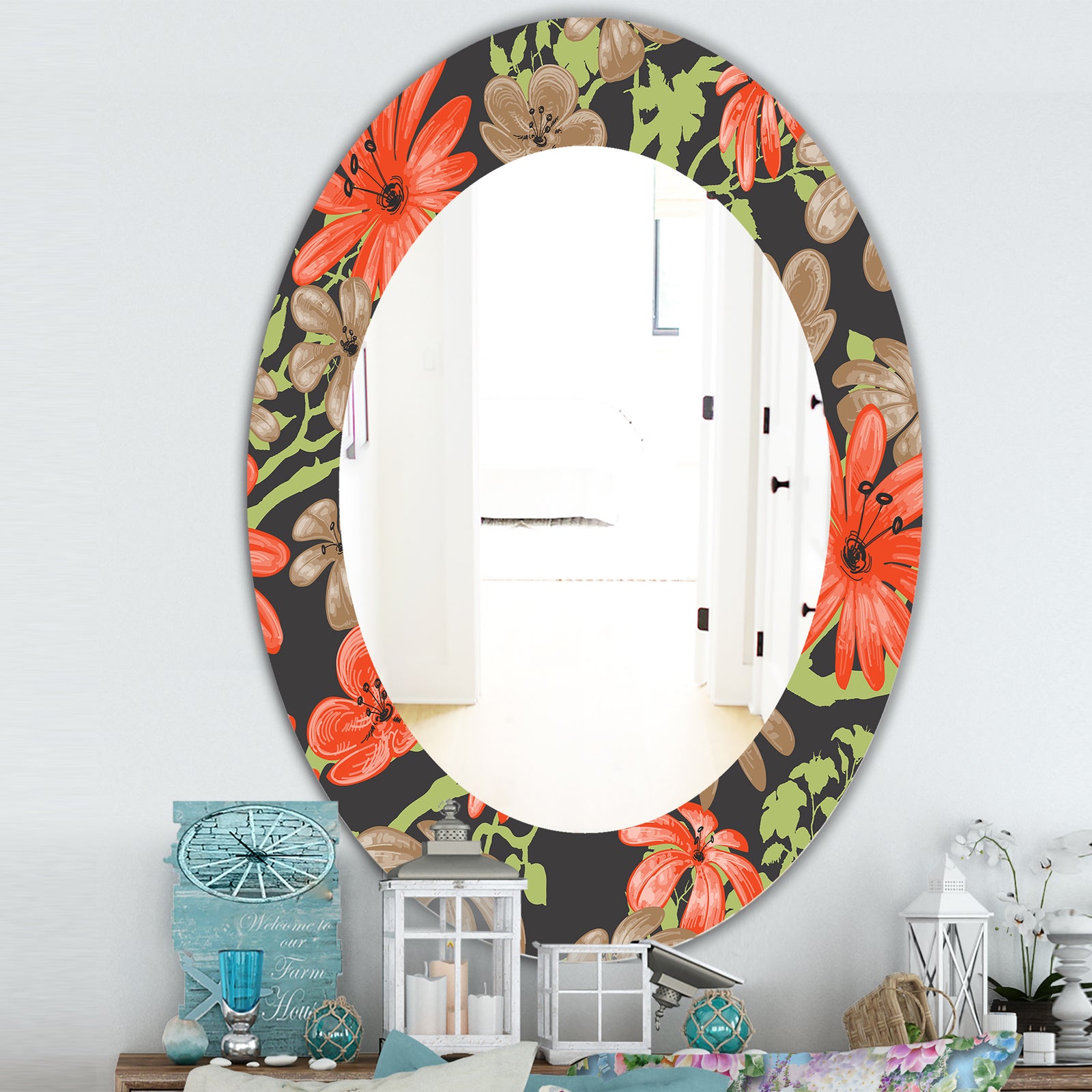 Red and Brown Flowers With Of Green Branches - Traditional Mirror - Frameless Oval or Round Wall Mirror