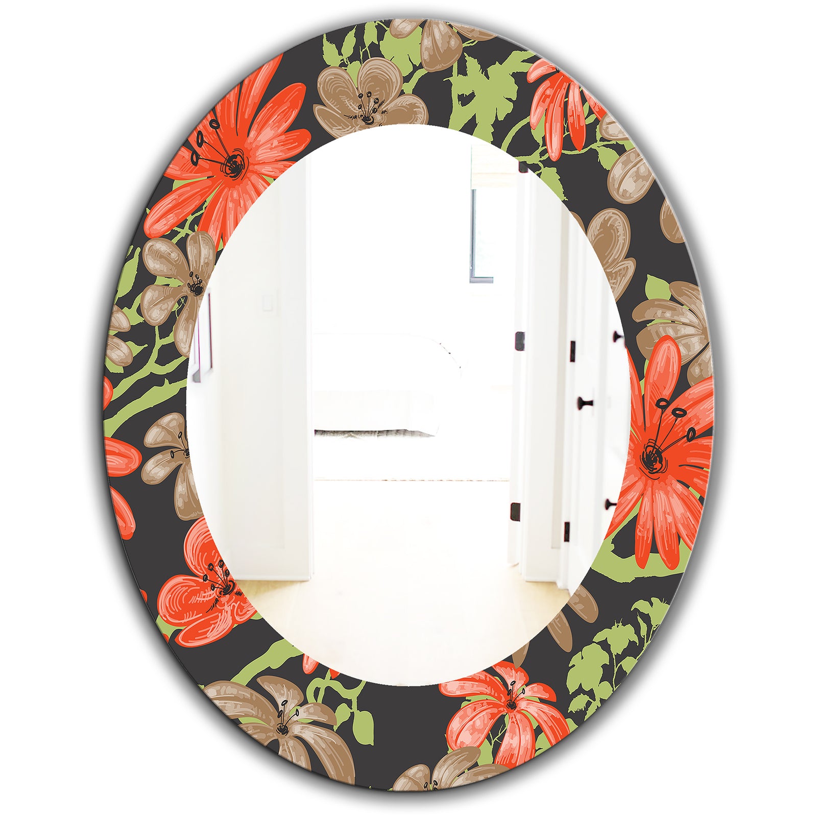 Red and Brown Flowers With Of Green Branches - Traditional Mirror - Frameless Oval or Round Wall Mirror