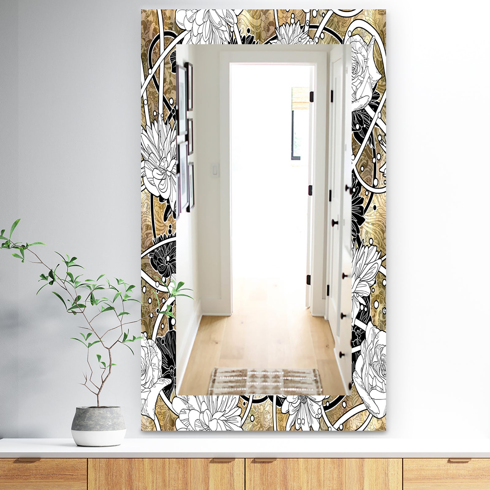 White Drawn Flowers With Black Roses On Brown - Traditional Mirror - Vanity Mirror