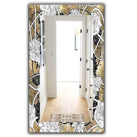 White Drawn Flowers With Black Roses On Brown - Traditional Mirror - Vanity Mirror
