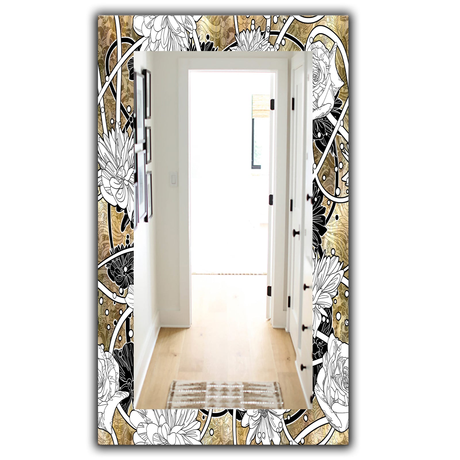 White Drawn Flowers With Black Roses On Brown - Traditional Mirror - Vanity Mirror