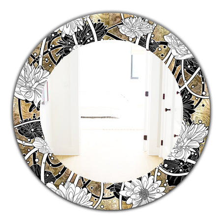 White Drawn Flowers With Black Roses On Brown - Traditional Mirror - Oval or Round Wall Mirror