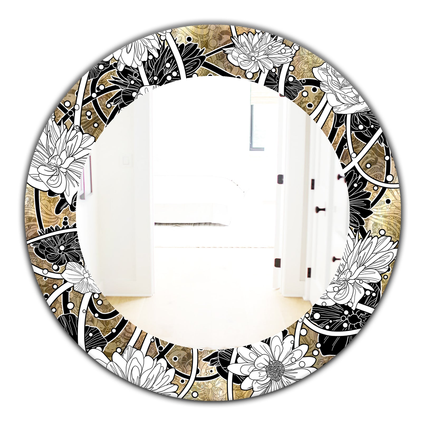 White Drawn Flowers With Black Roses On Brown - Traditional Mirror - Oval or Round Wall Mirror