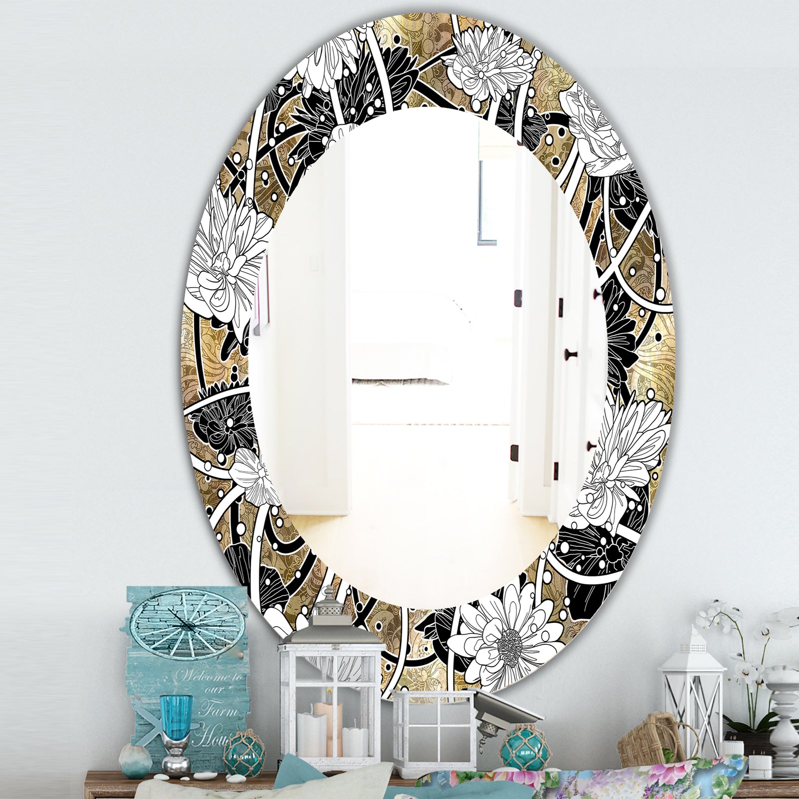 White Drawn Flowers With Black Roses On Brown - Traditional Mirror - Oval or Round Wall Mirror
