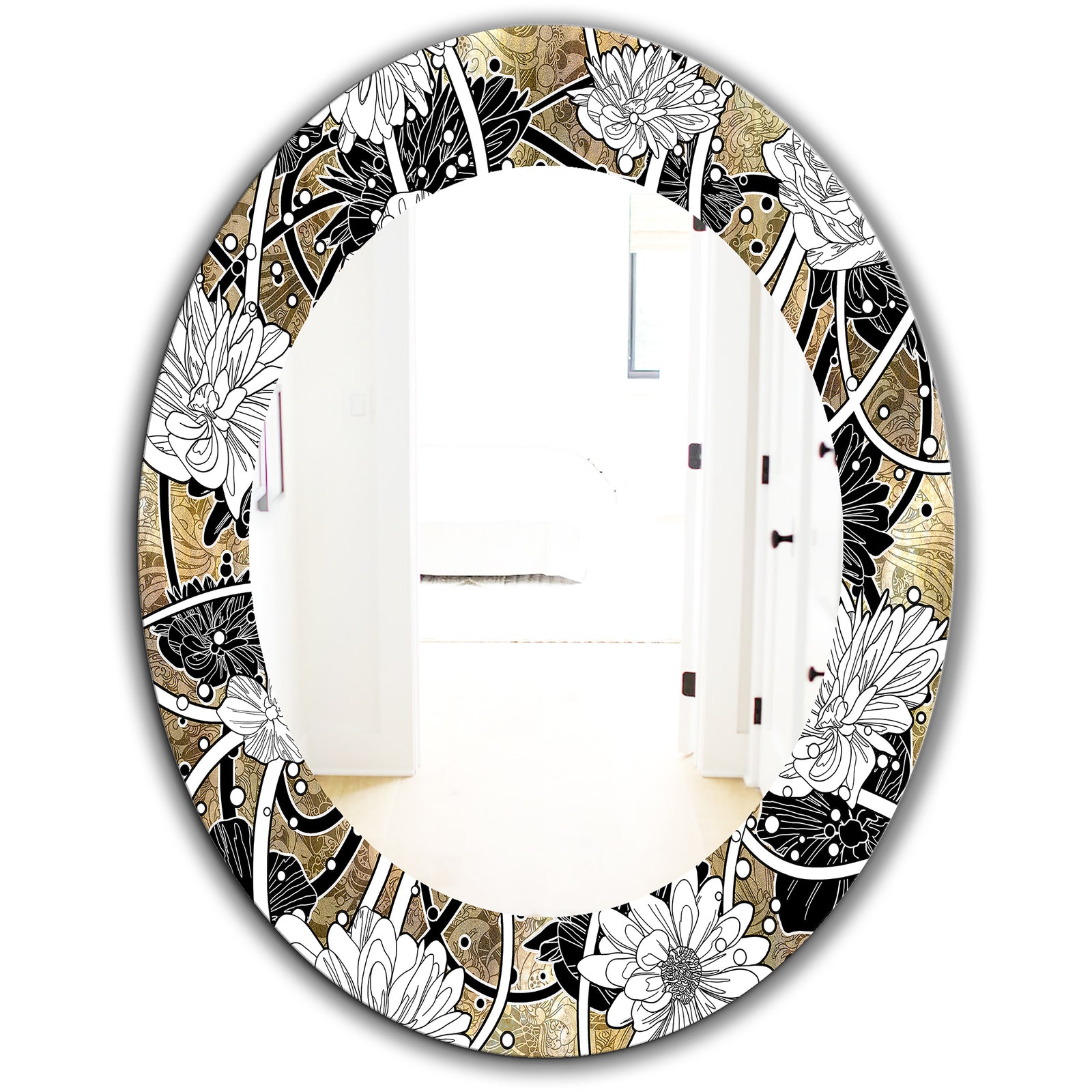 White Drawn Flowers With Black Roses On Brown - Traditional Mirror - Oval or Round Wall Mirror