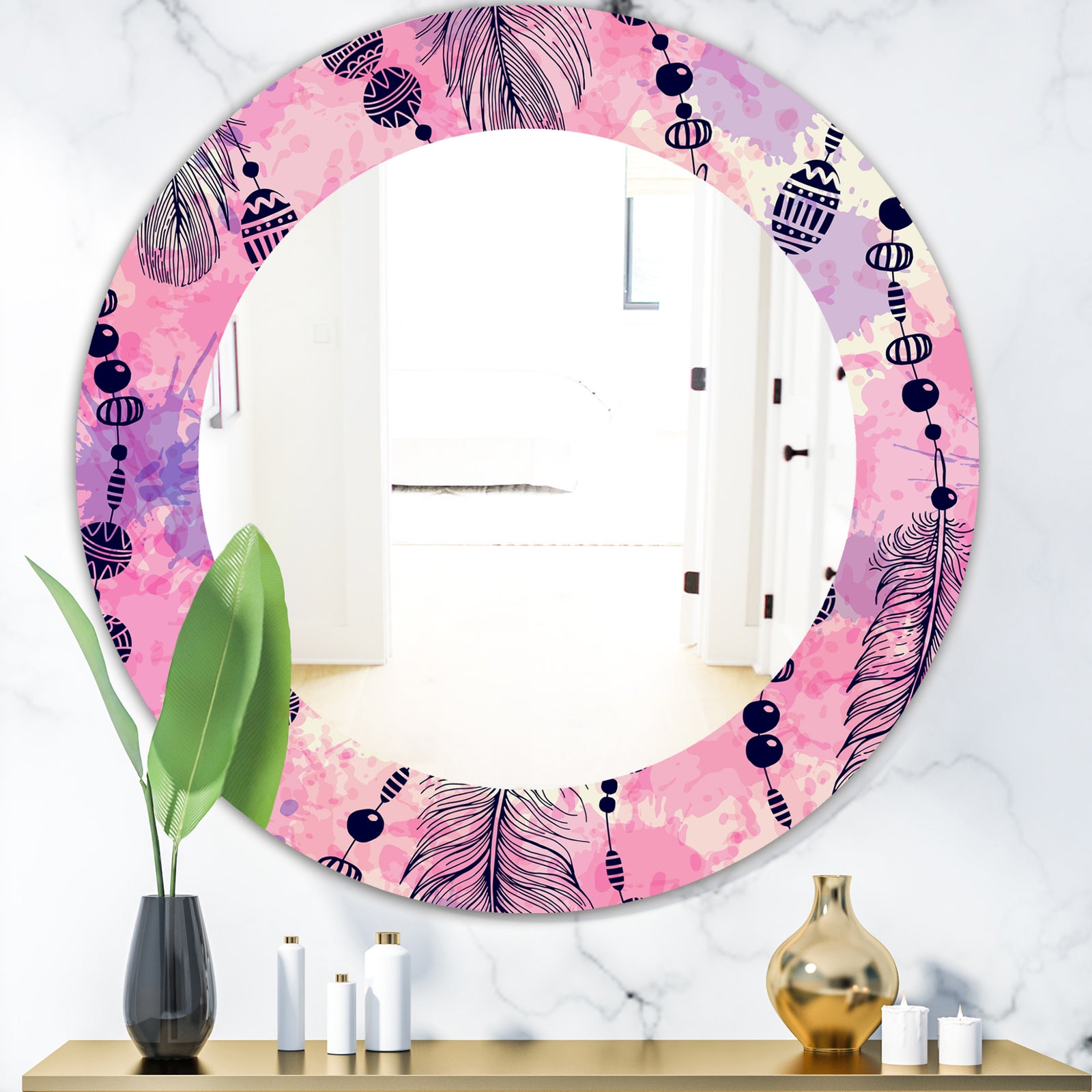 Feathers 30 - Bohemian and Eclectic Mirror - Frameless Oval or Round Wall Mirror
