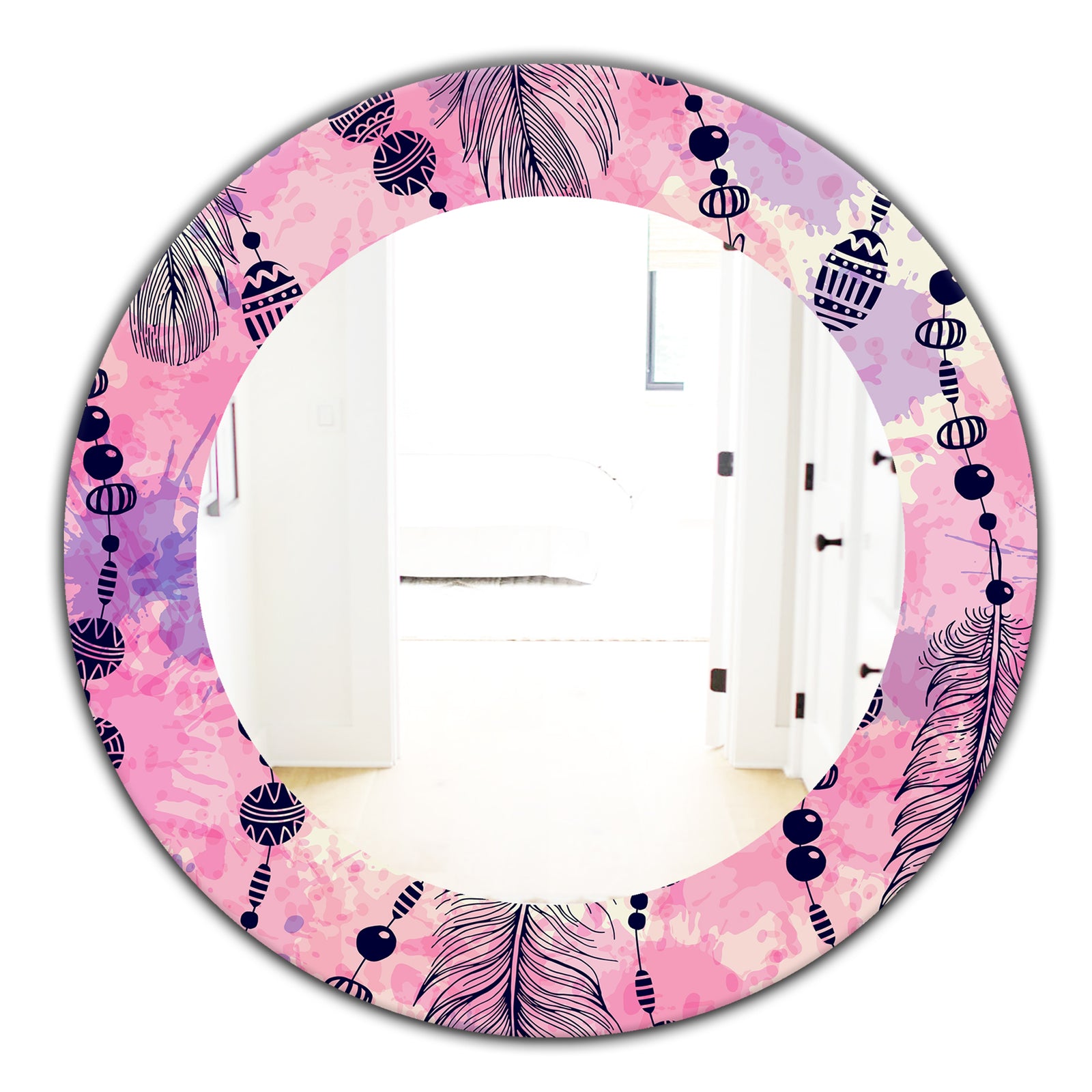 Feathers 30 - Bohemian and Eclectic Mirror - Frameless Oval or Round Wall Mirror