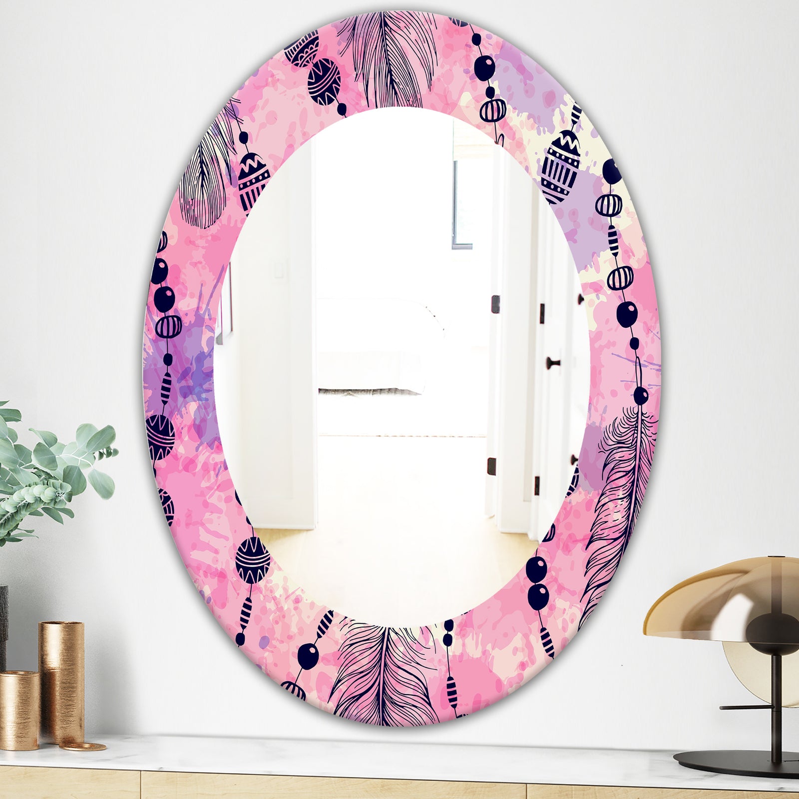Feathers 30 - Bohemian and Eclectic Mirror - Frameless Oval or Round Wall Mirror