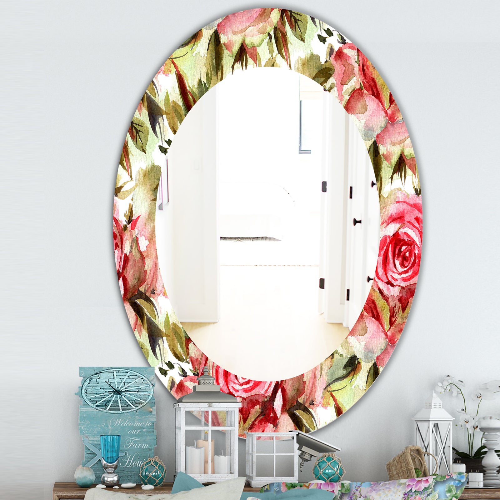 Pink Blossom 58 - Traditional Mirror - Frameless Oval or Round Wall Mirror