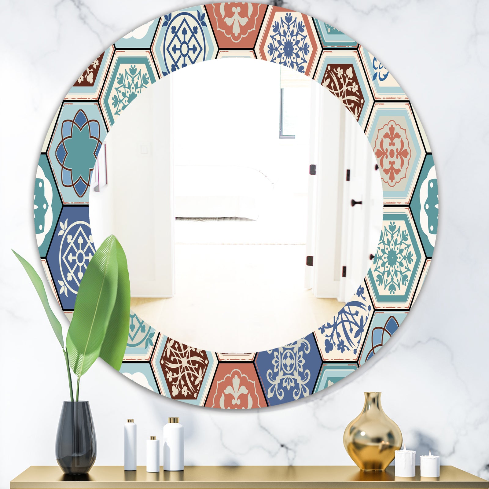 Light Blues and Tan - Mid-Century Mirror - Oval or Round Wall Mirror