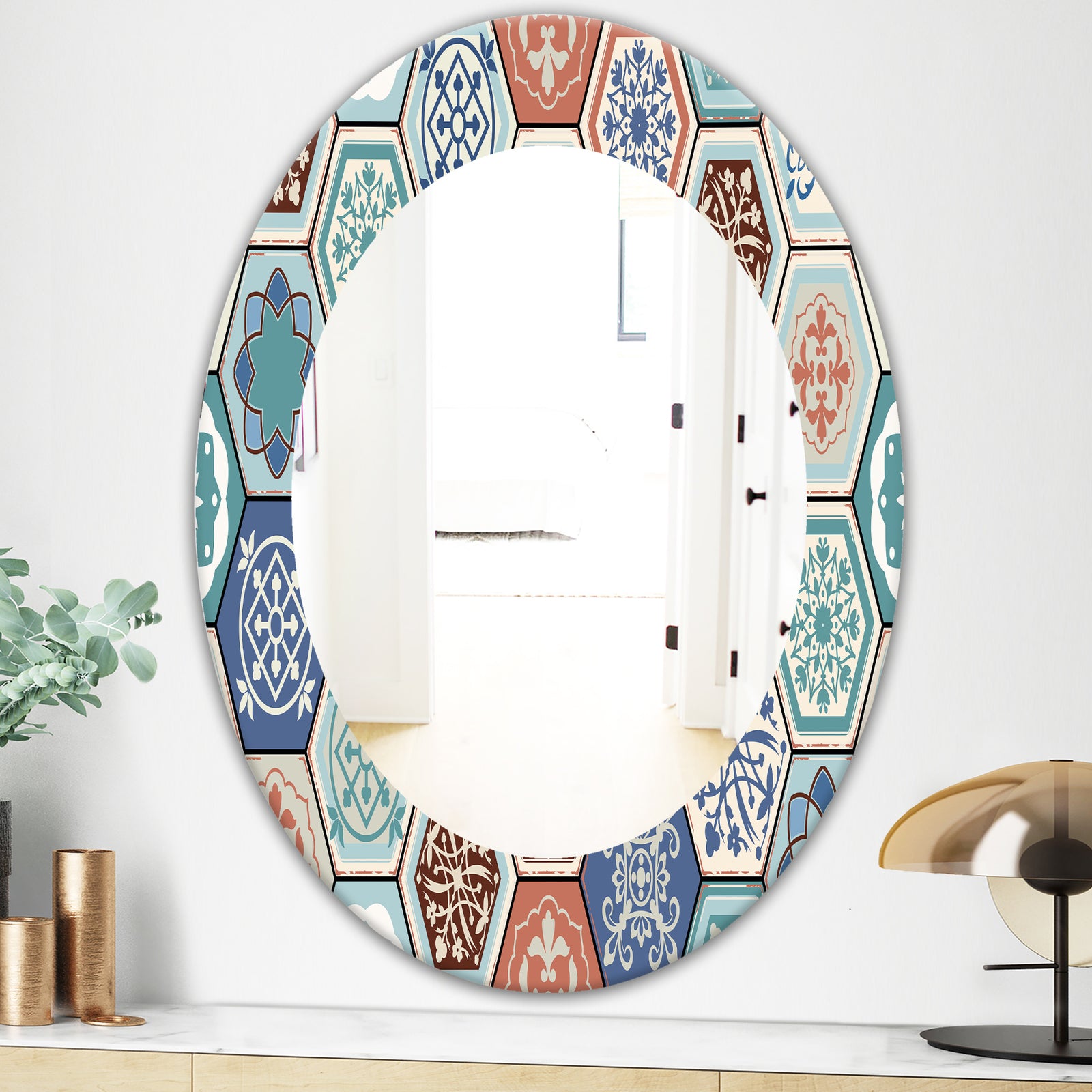 Light Blues and Tan - Mid-Century Mirror - Oval or Round Wall Mirror