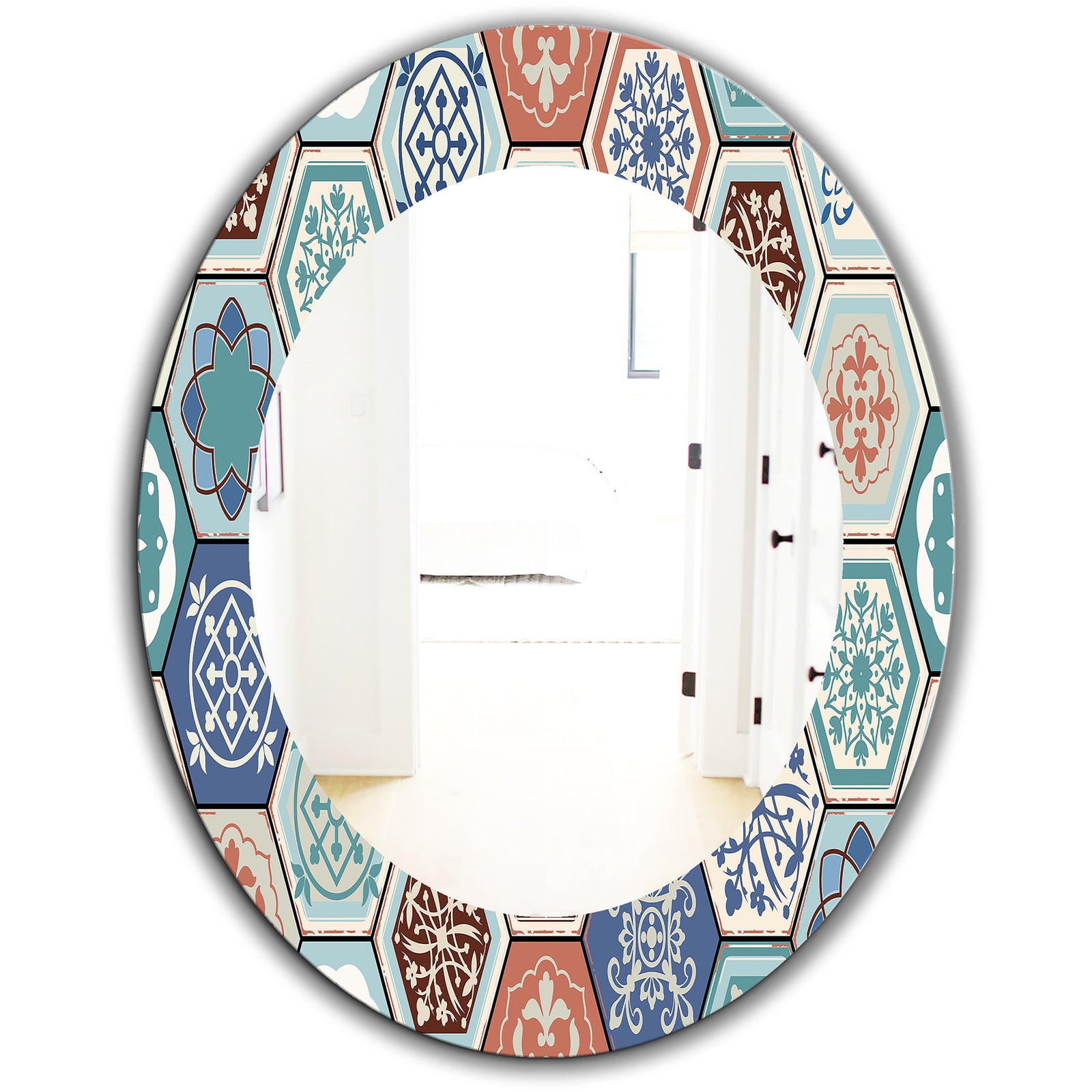 Light Blues and Tan - Mid-Century Mirror - Oval or Round Wall Mirror