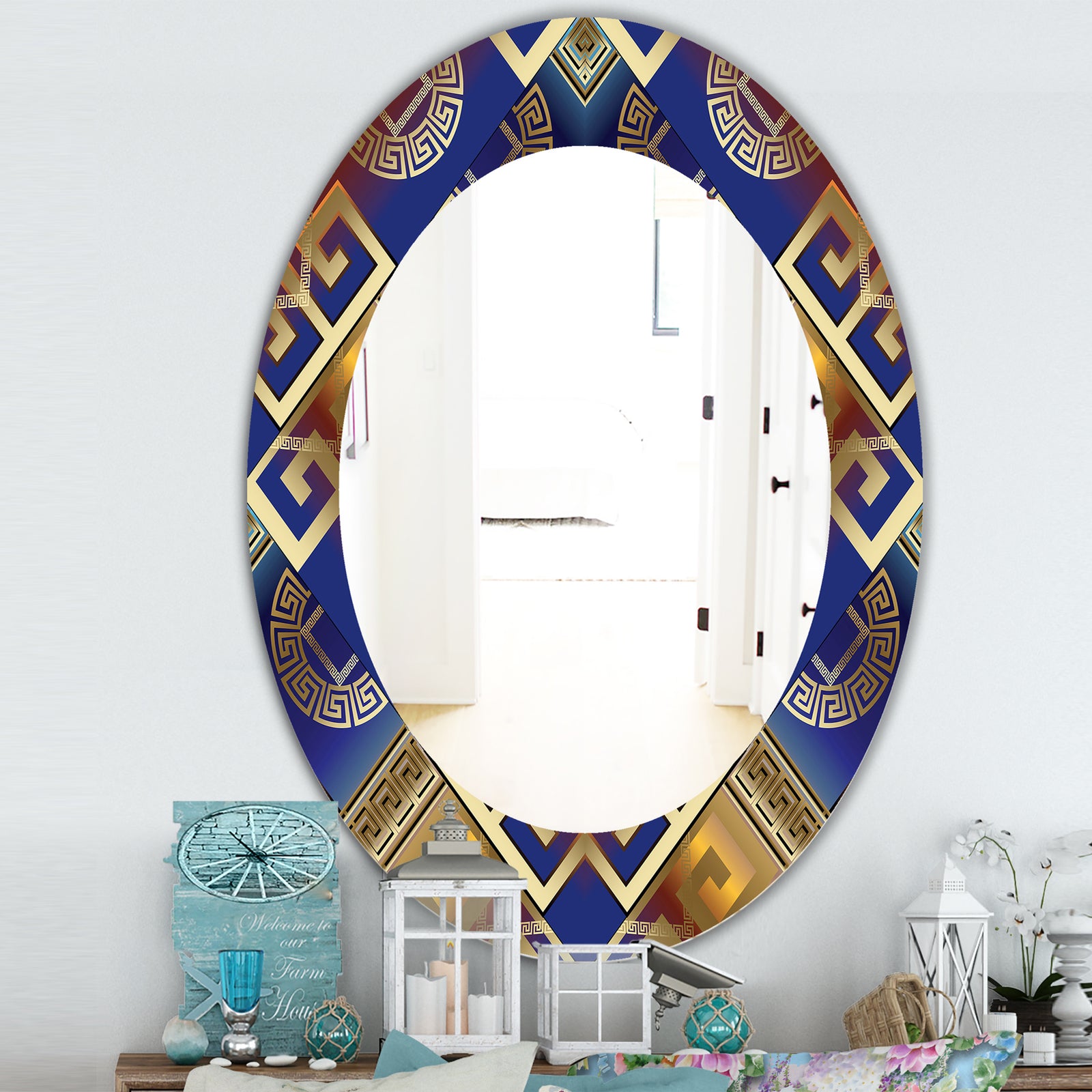 Meander Greek Royal Blue - Traditional Mirror - Oval or Round Wall Mirror