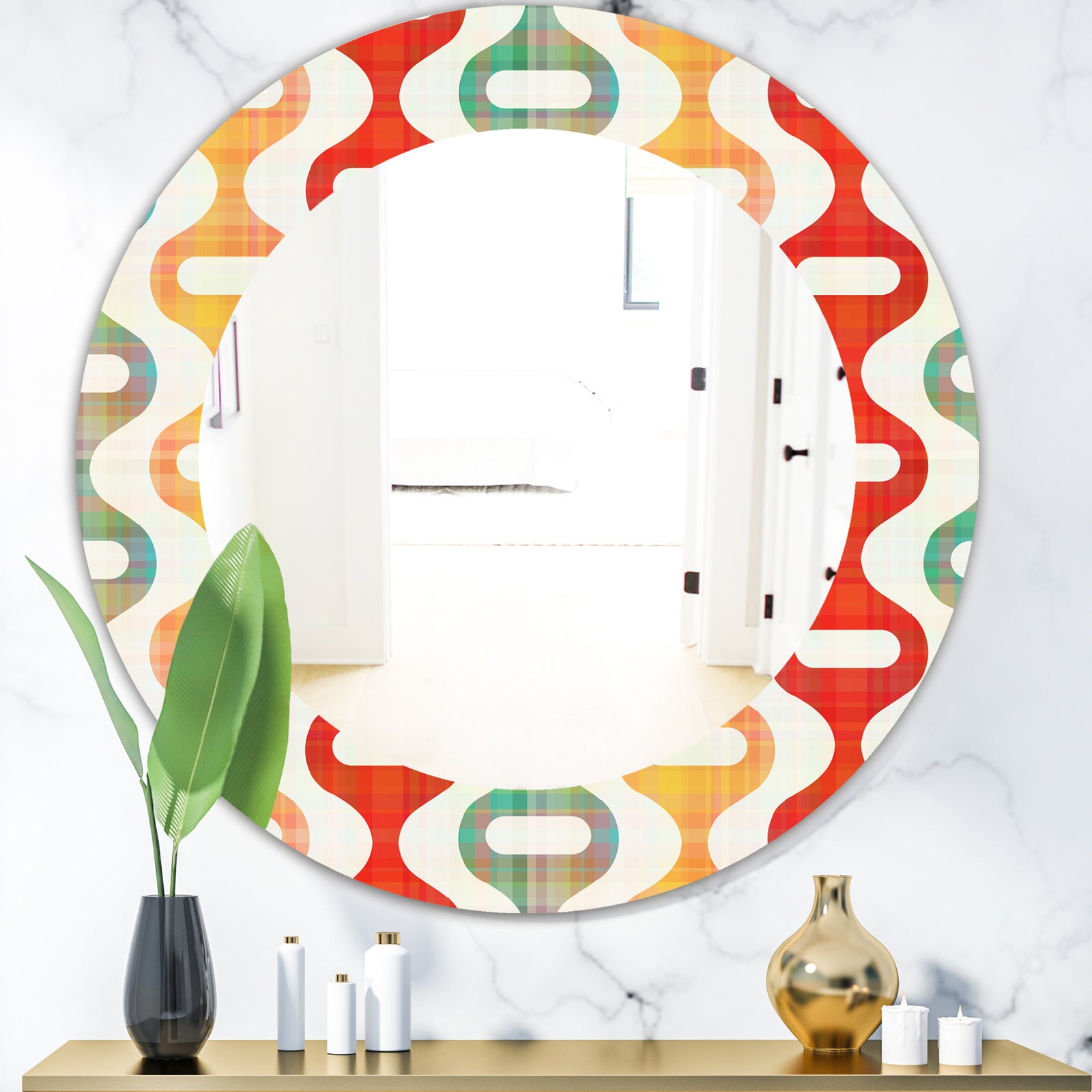 Orange Yellow and Green Shapes - Mid-Century Mirror - Oval or Round Wall Mirror