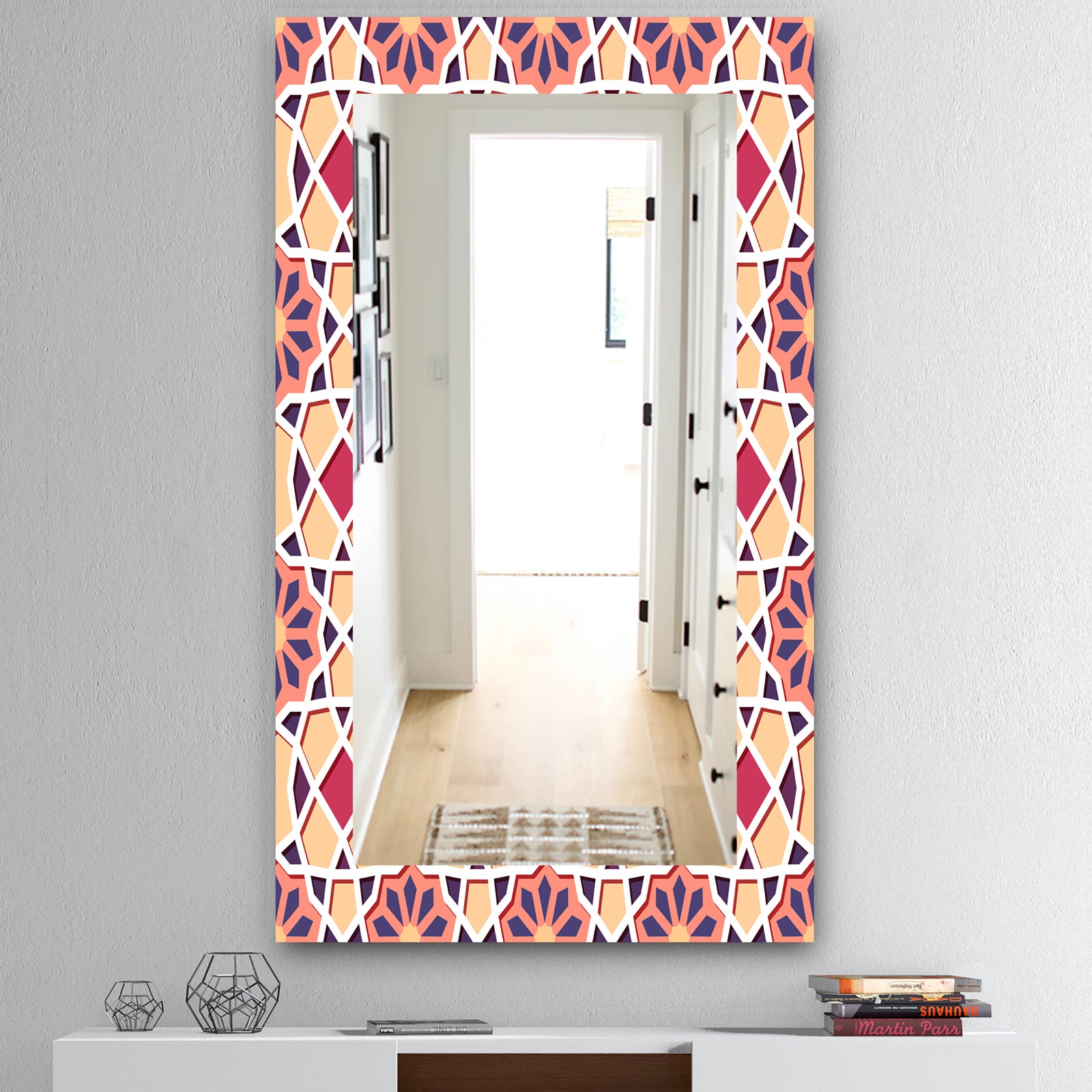 Pink Geometric Flower - Mid-Century Mirror - Frameless Vanity Mirror