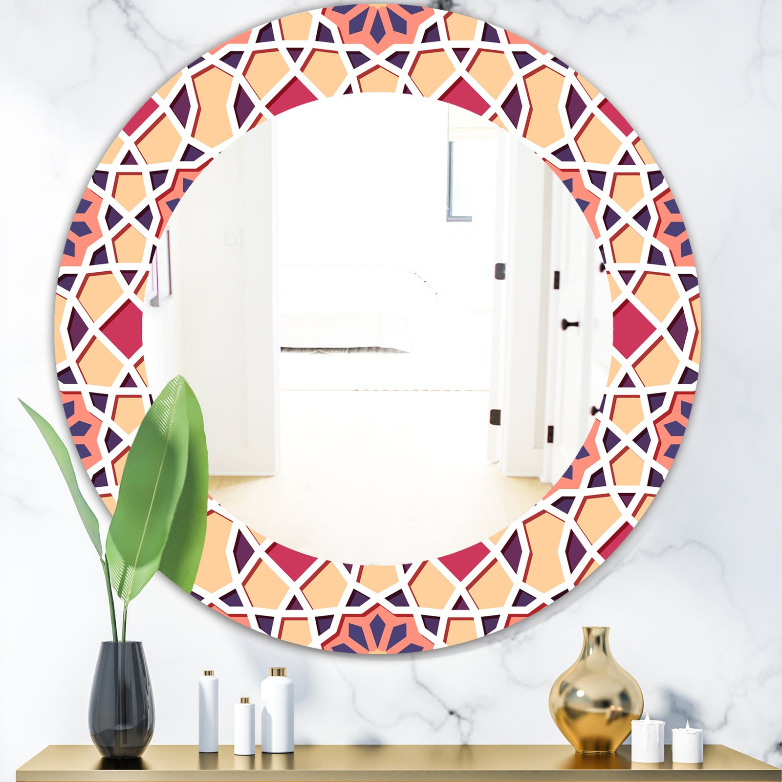 Pink Geometric Flower - Mid-Century Mirror - Frameless Oval or Round Wall Mirror
