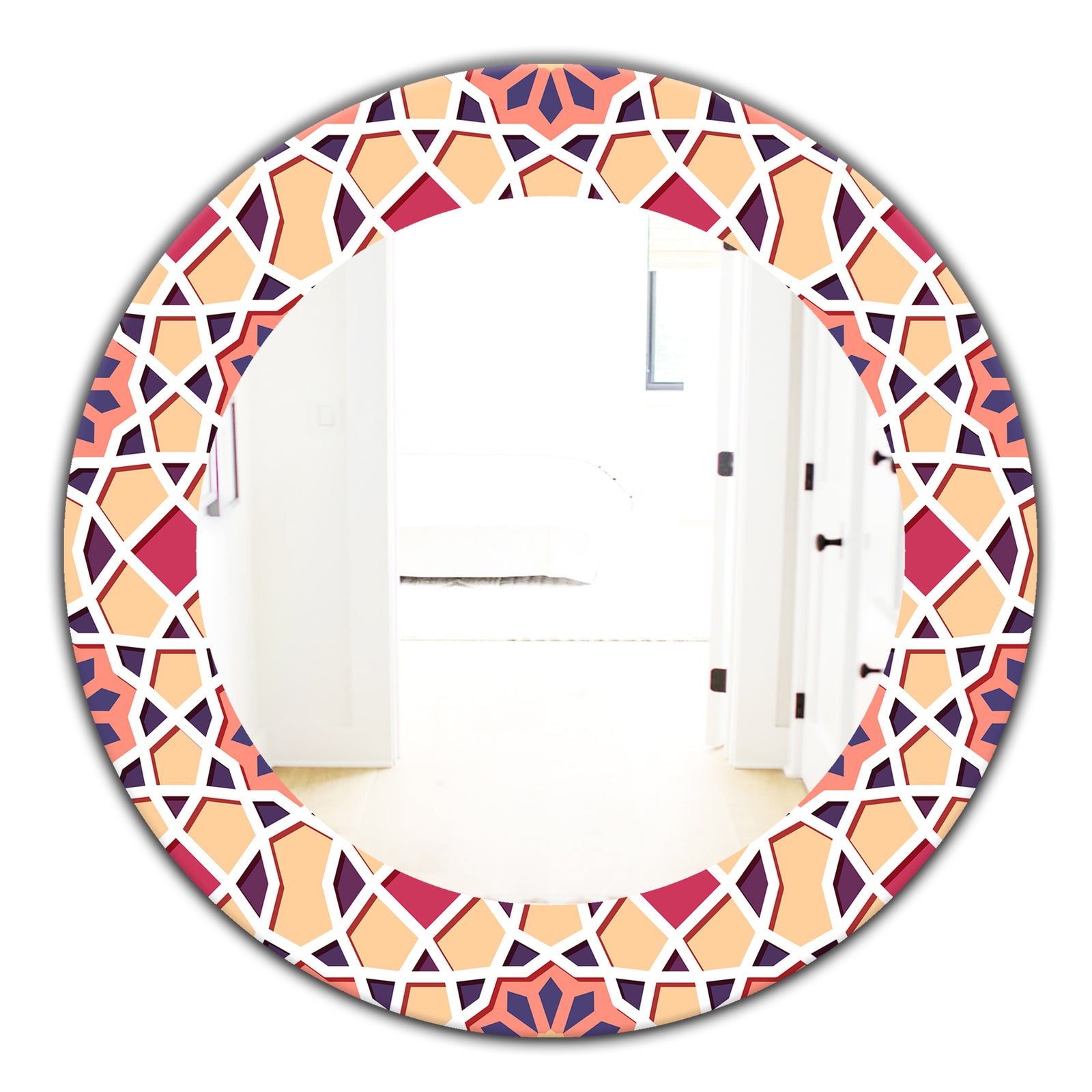 Pink Geometric Flower - Mid-Century Mirror - Frameless Oval or Round Wall Mirror