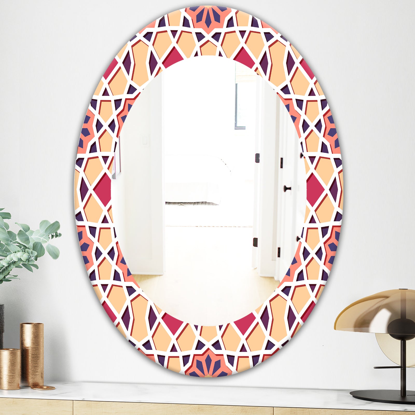 Pink Geometric Flower - Mid-Century Mirror - Frameless Oval or Round Wall Mirror