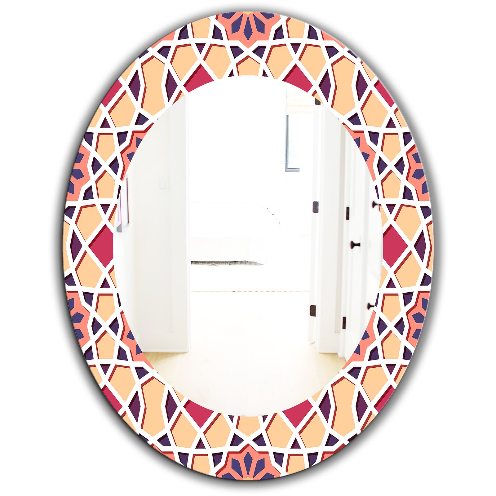 Pink Geometric Flower - Mid-Century Mirror - Frameless Oval or Round Wall Mirror