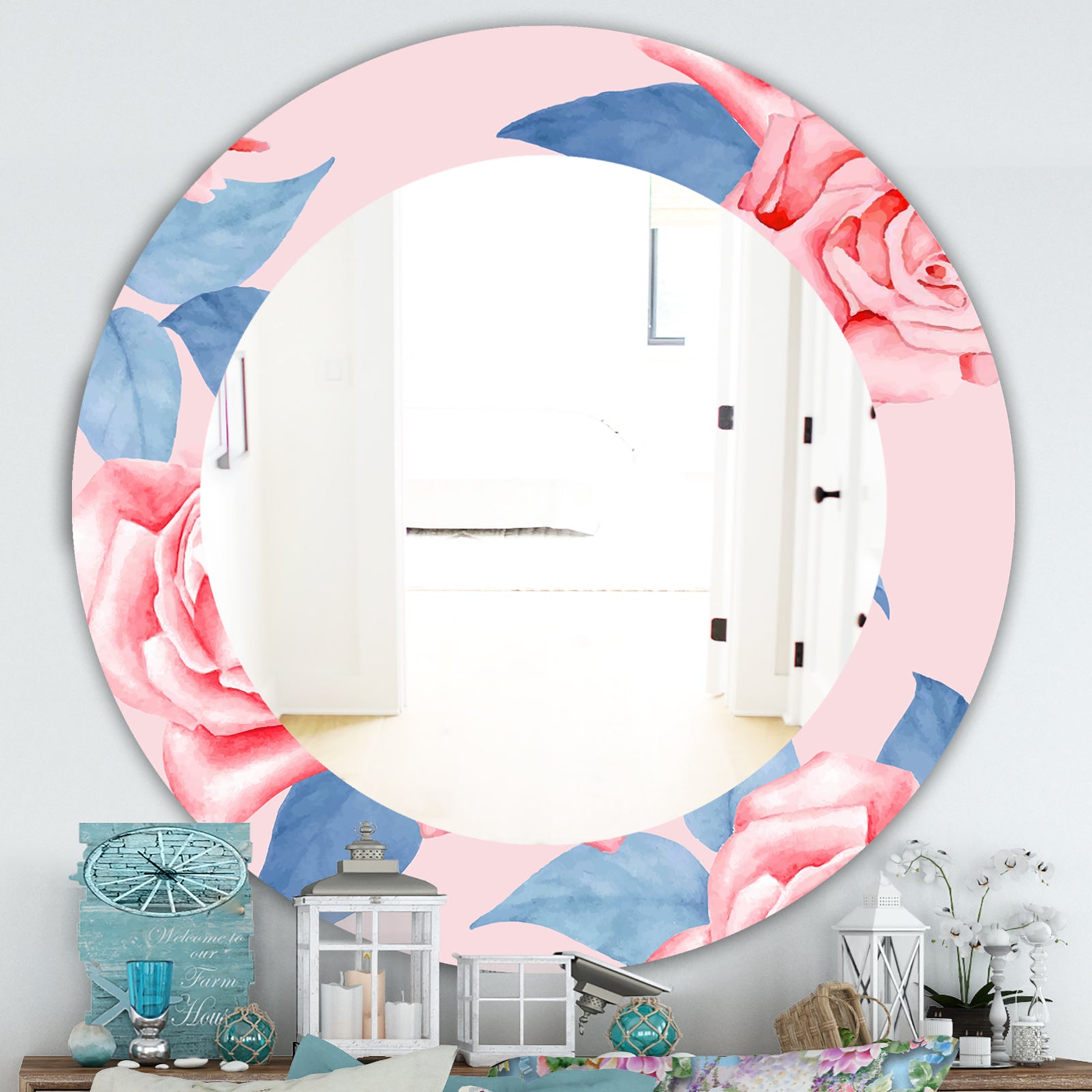 Pink Blossom 59 - Traditional Mirror - Frameless Oval or Round Wall Mirror