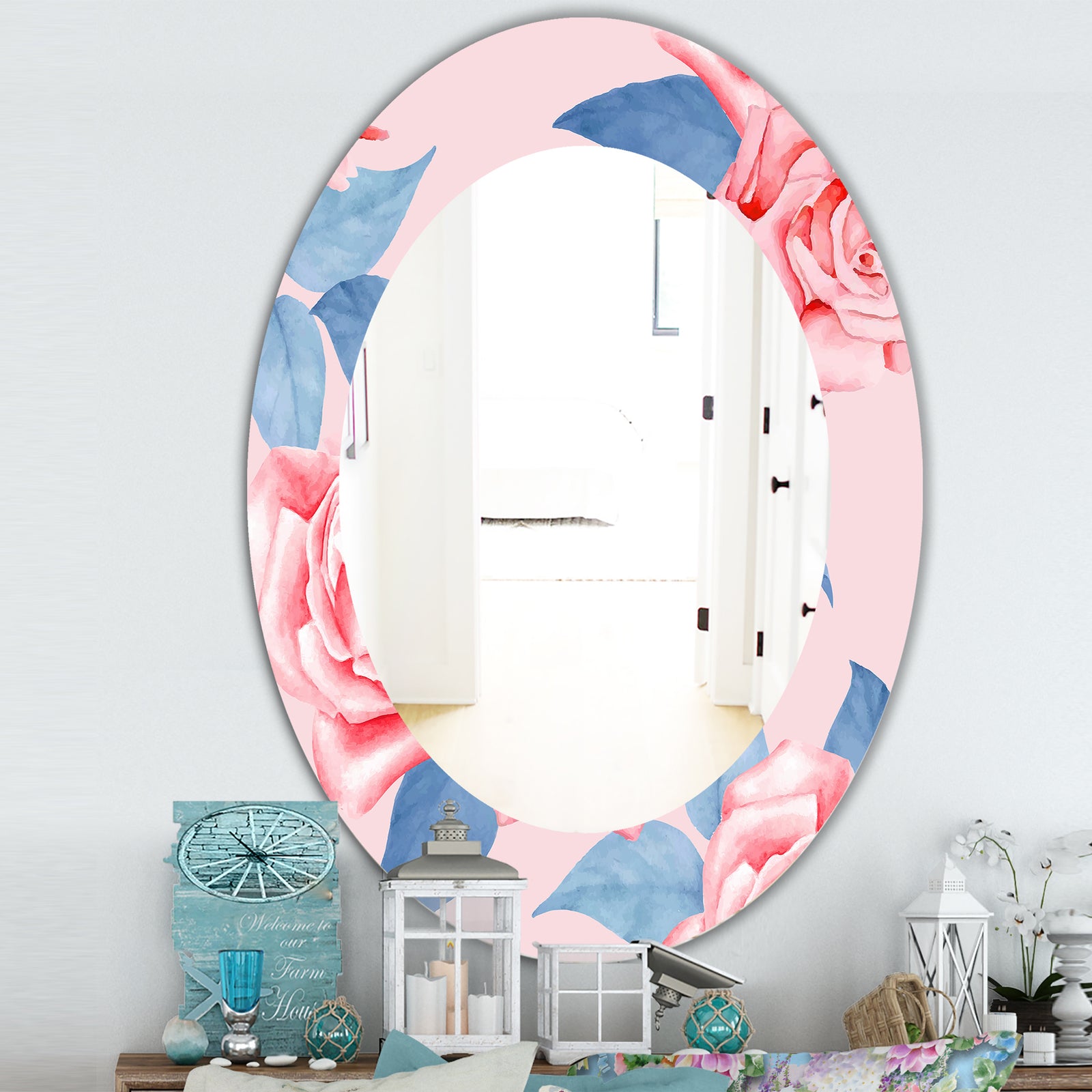 Pink Blossom 59 - Traditional Mirror - Frameless Oval or Round Wall Mirror