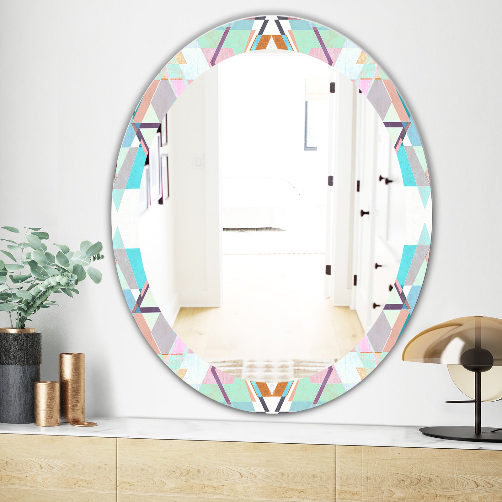 Pastel Triangles - Mid-Century Mirror - Oval or Round Vanity Mirror