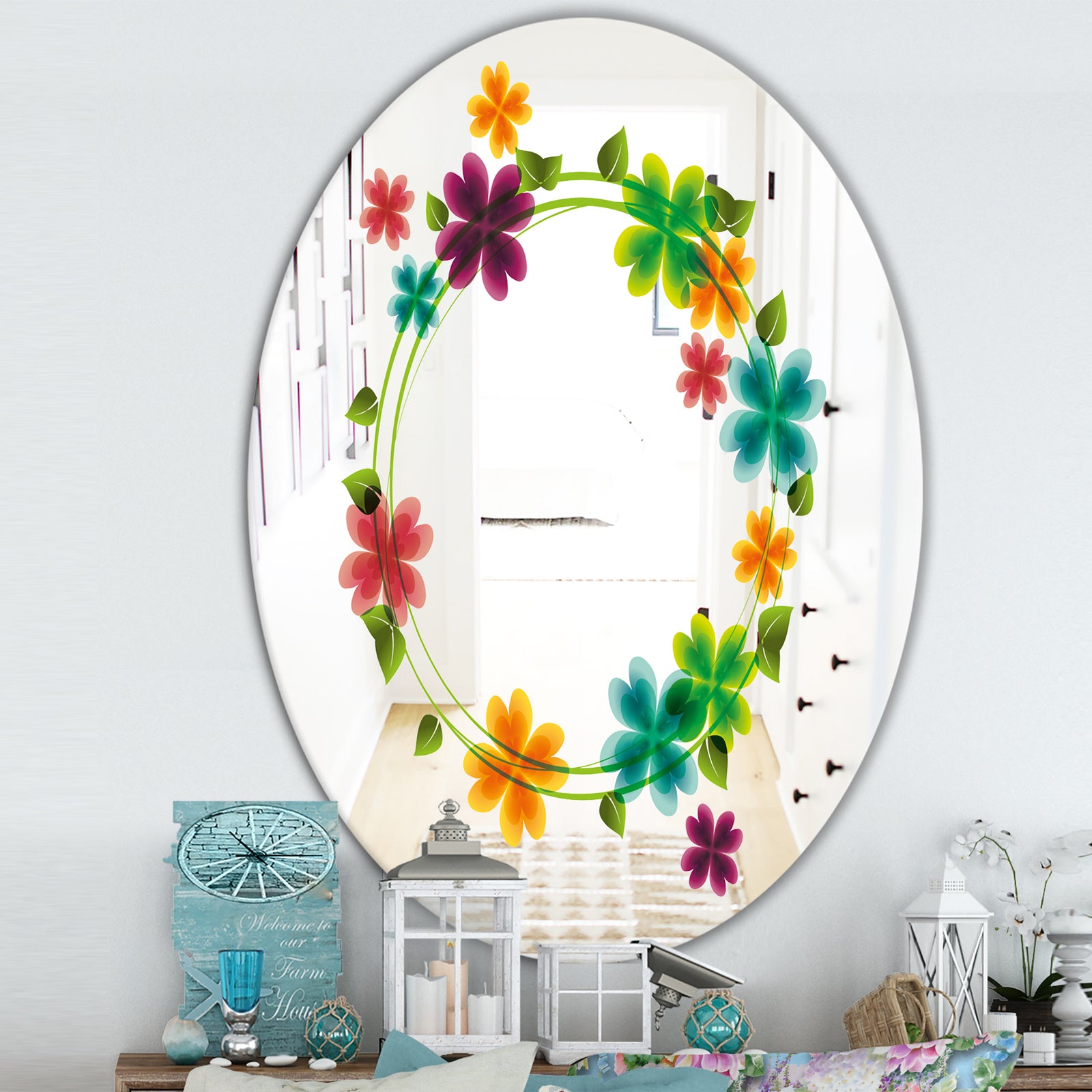 Flowers With Heart Petals - Cabin and Lodge Mirror - Oval or Round Wall Mirror