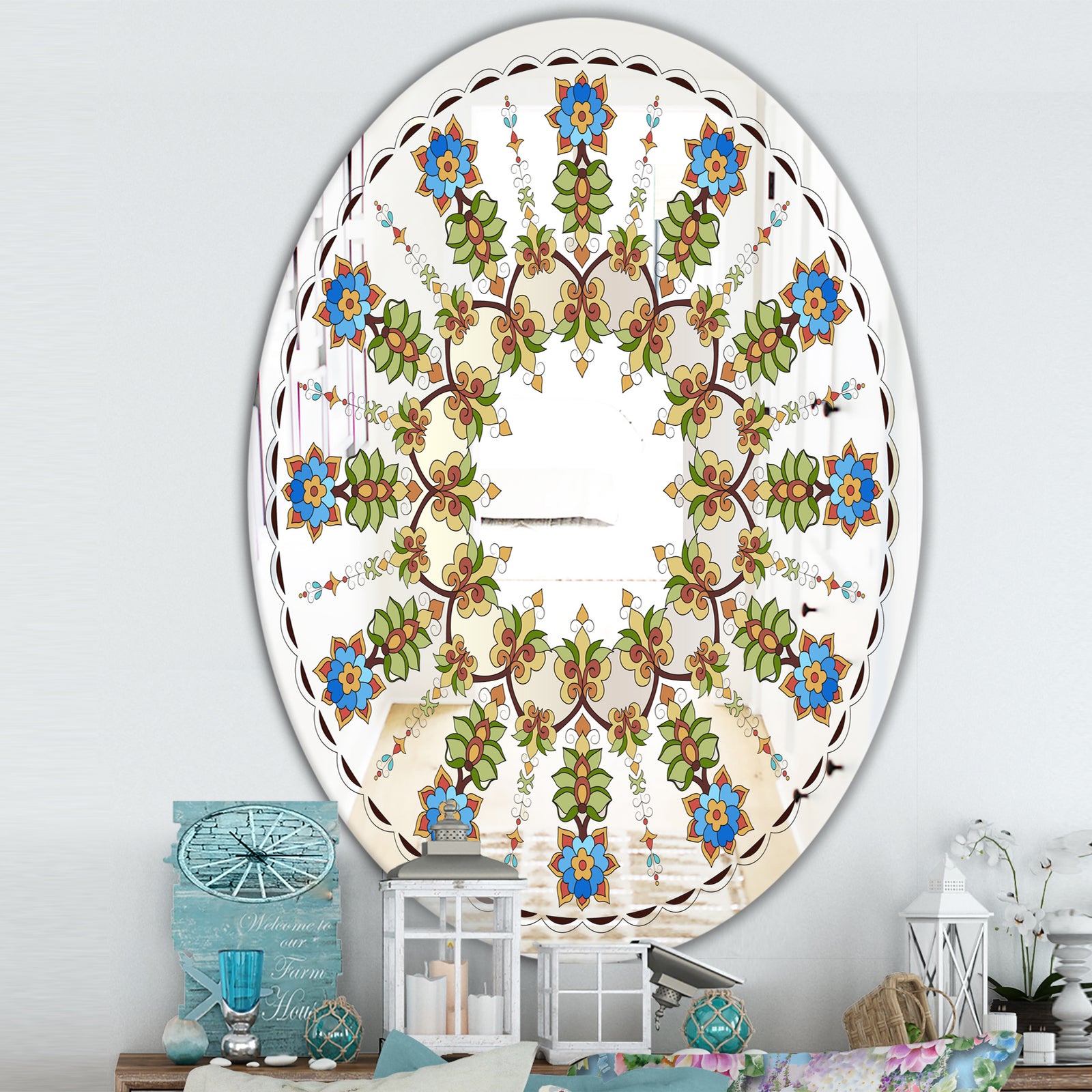 Tiny Flower Pattern - Cabin and Lodge Mirror - Oval or Round Wall Mirror
