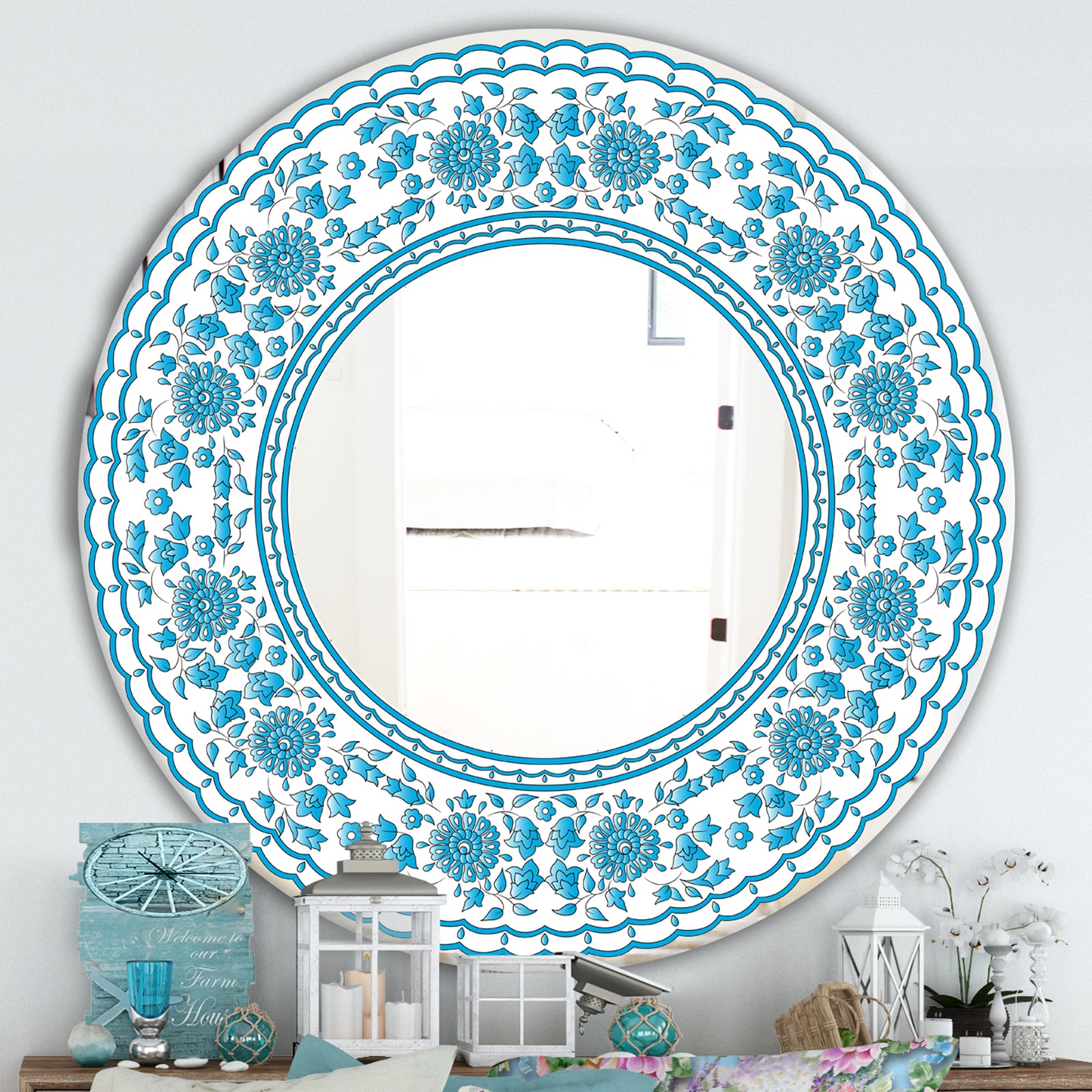 Blue Traditional Flower Pattern - Cabin and Lodge Mirror - Oval or Round Wall Mirror
