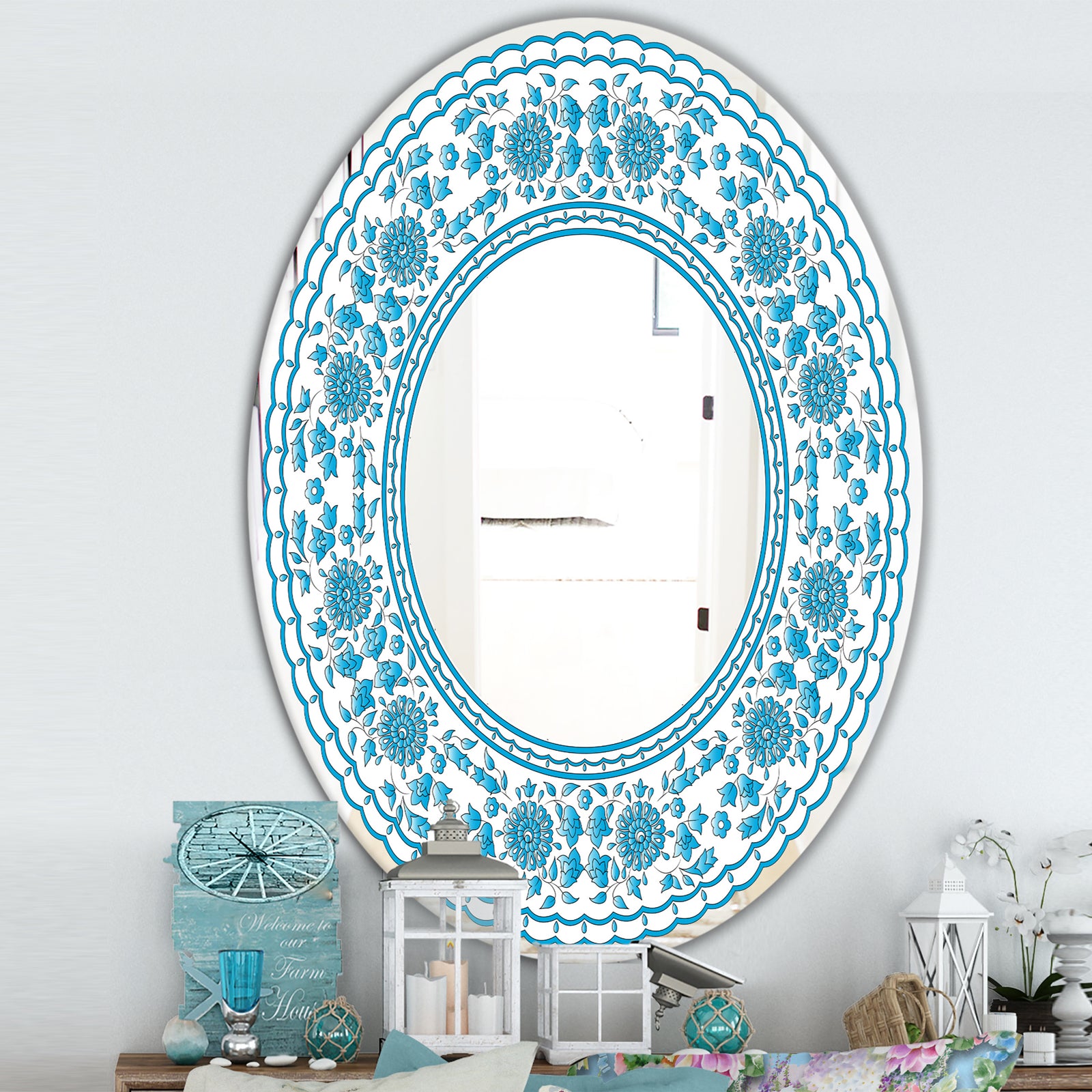 Blue Traditional Flower Pattern - Cabin and Lodge Mirror - Oval or Round Wall Mirror