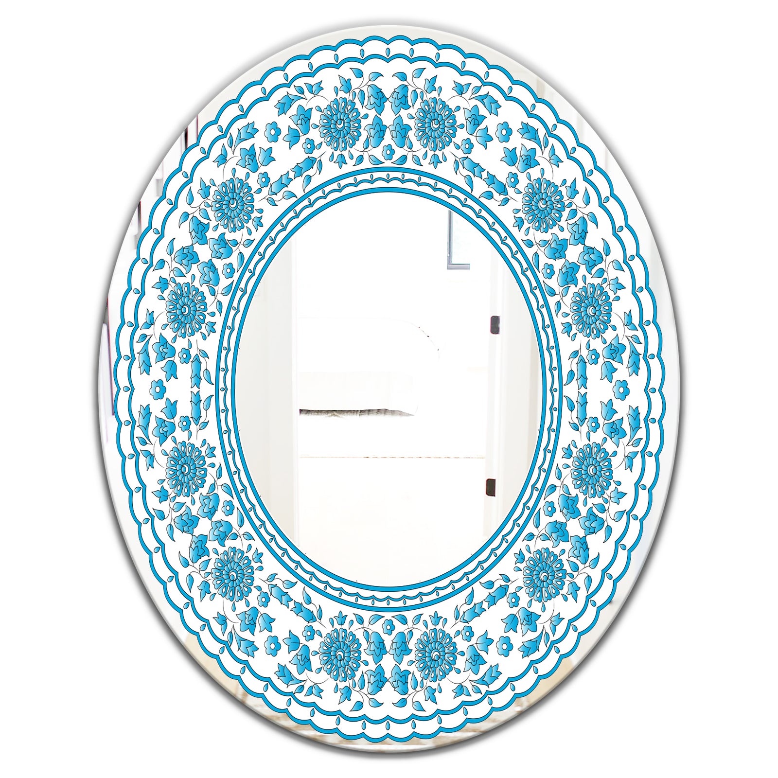 Blue Traditional Flower Pattern - Cabin and Lodge Mirror - Oval or Round Wall Mirror