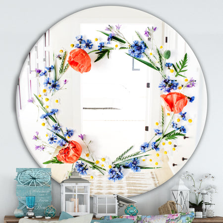 Orange and Blue Flowers - Cabin and Lodge Mirror - Round Decorative Mirror