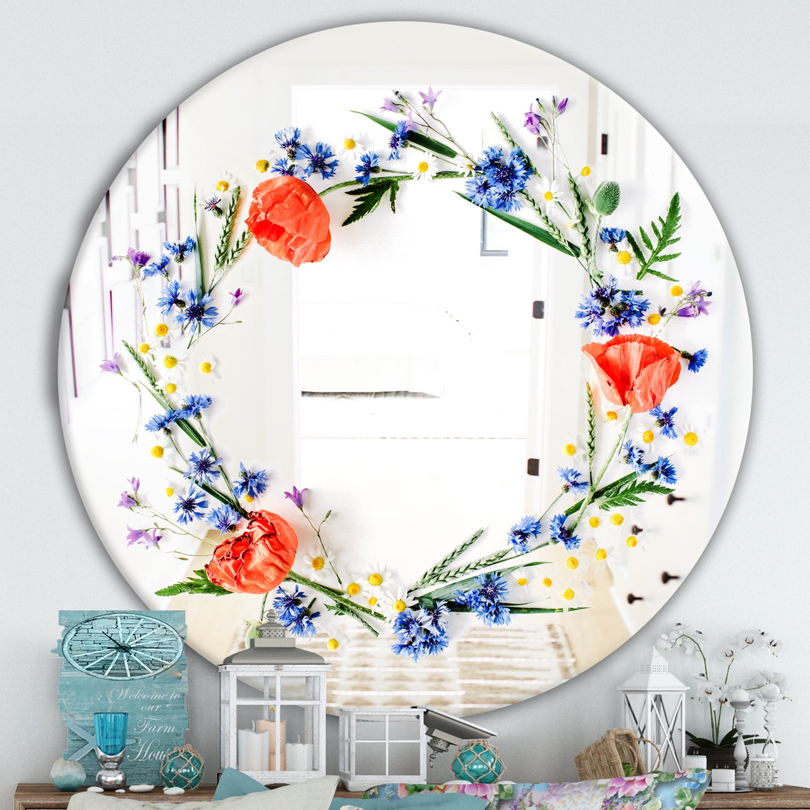 Orange and Blue Flowers - Cabin and Lodge Mirror - Round Decorative Mirror
