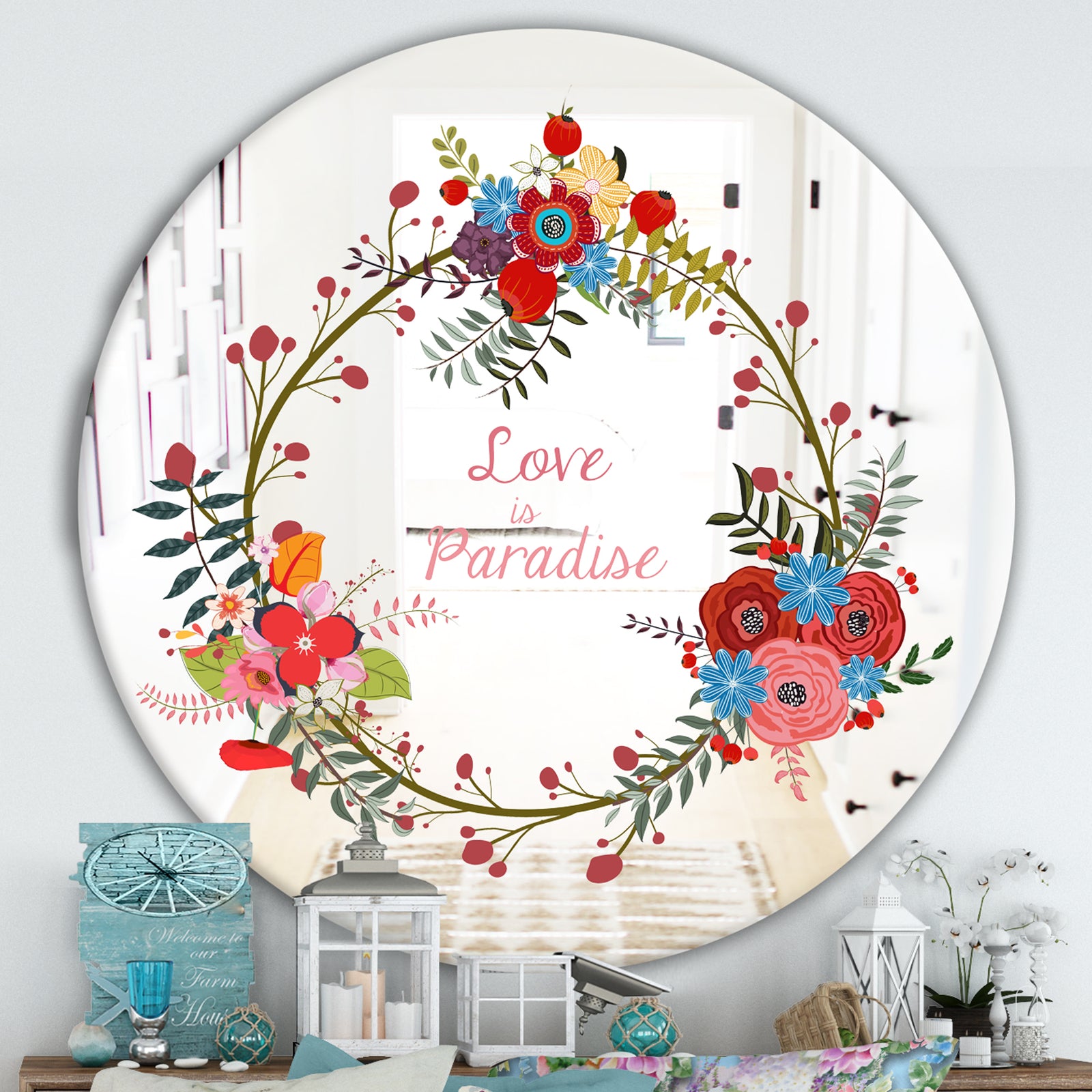 Love Is Paradise - Farmhouse Mirror - Oval or Round Vanity Mirror