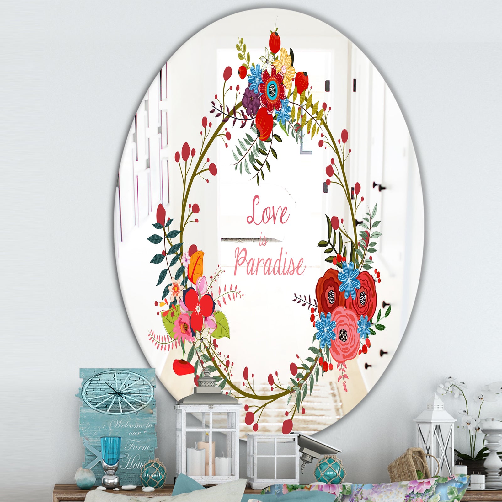 Love Is Paradise - Farmhouse Mirror - Oval or Round Vanity Mirror