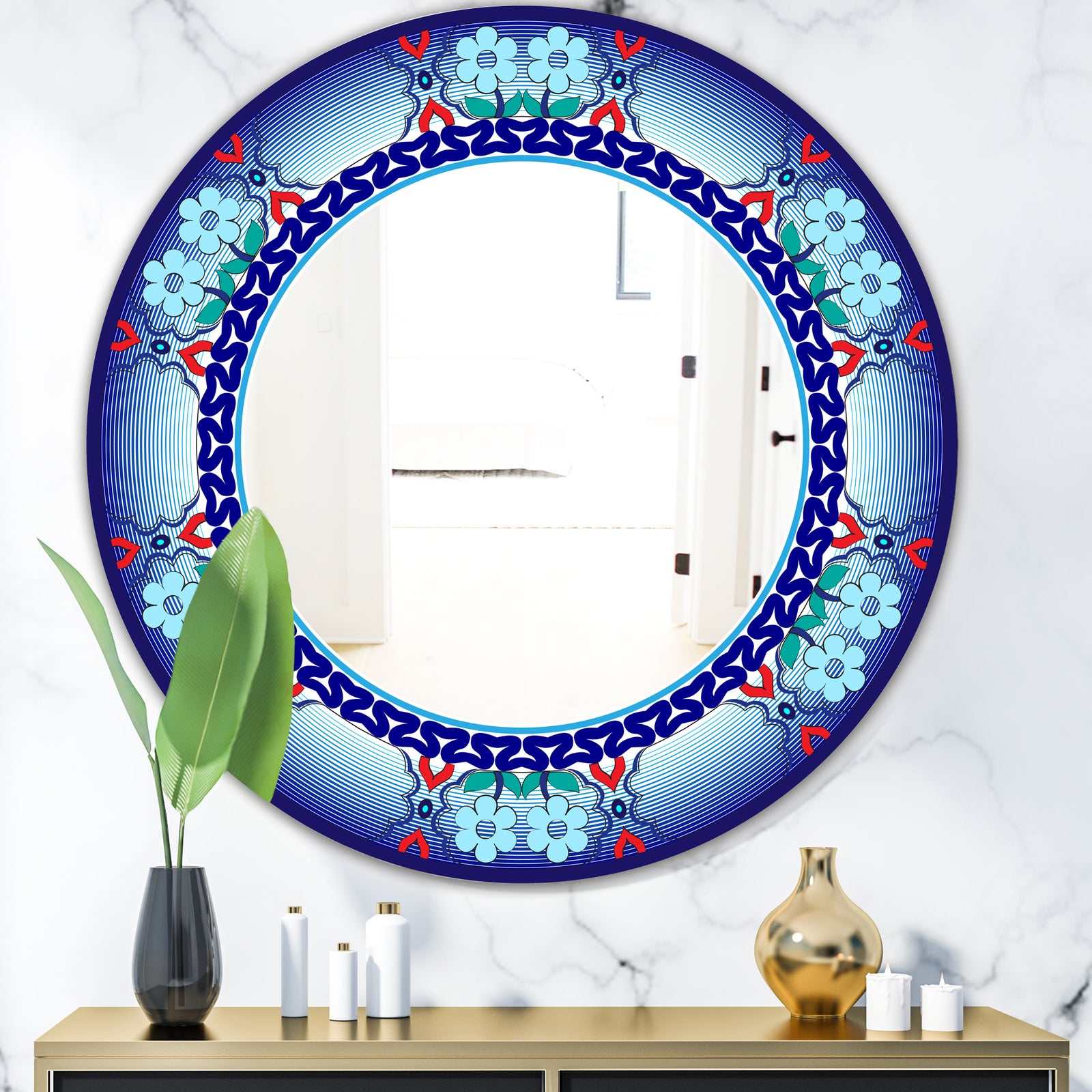 Royal Blue Flowers and Zigzags - Mid-Century Mirror - Oval or Round Wall Mirror