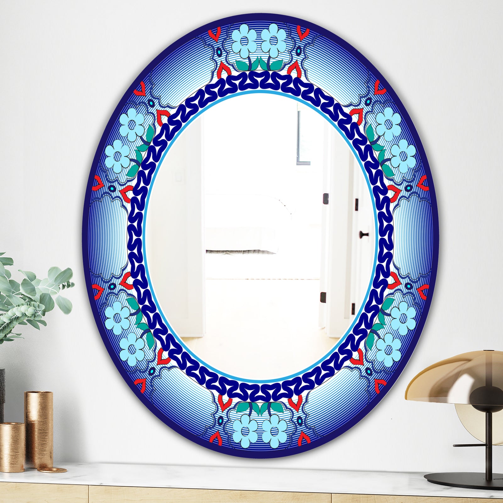 Royal Blue Flowers and Zigzags - Mid-Century Mirror - Oval or Round Wall Mirror