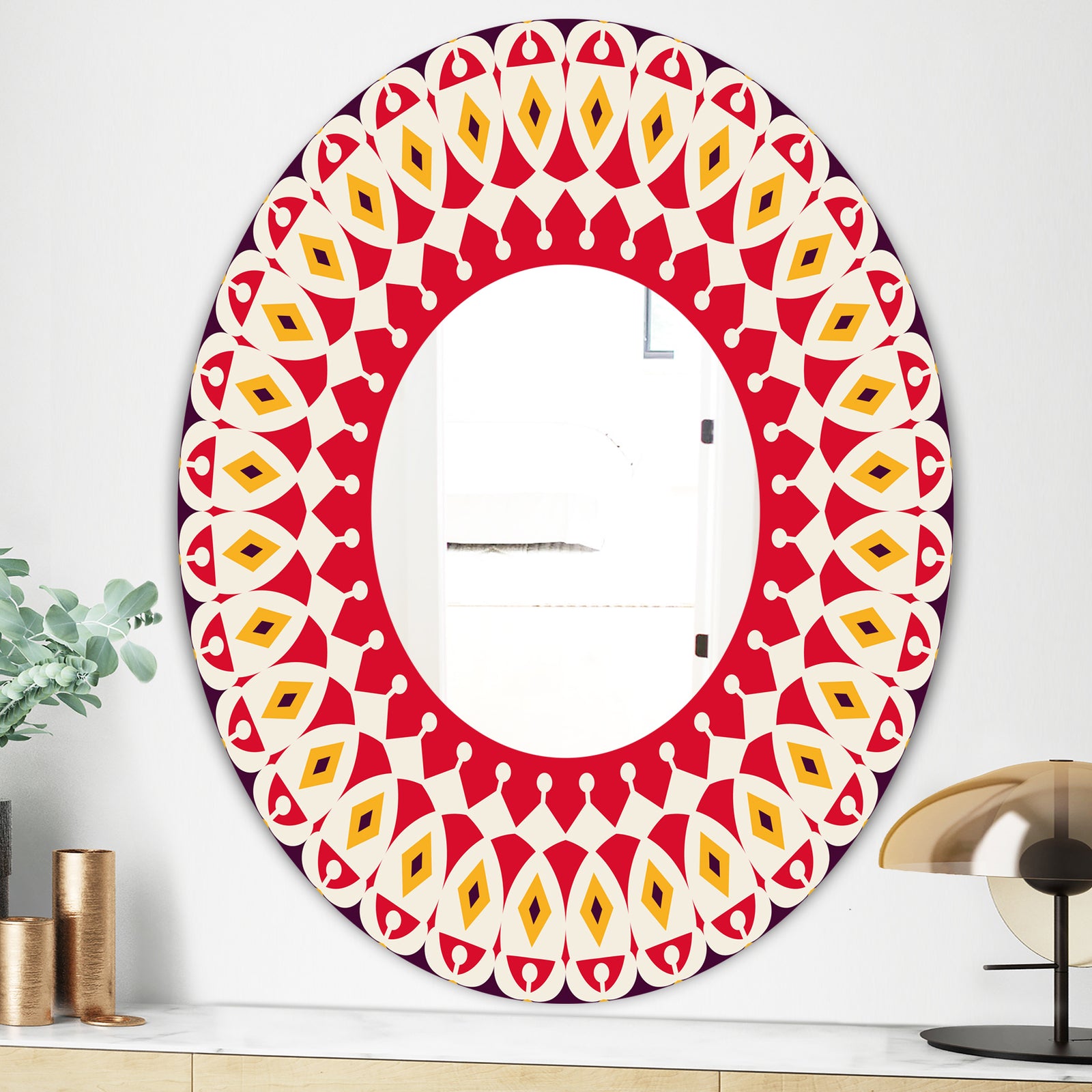Repeat Red and Yellow Pattern - Mid-Century Mirror - Oval or Round Wall Mirror